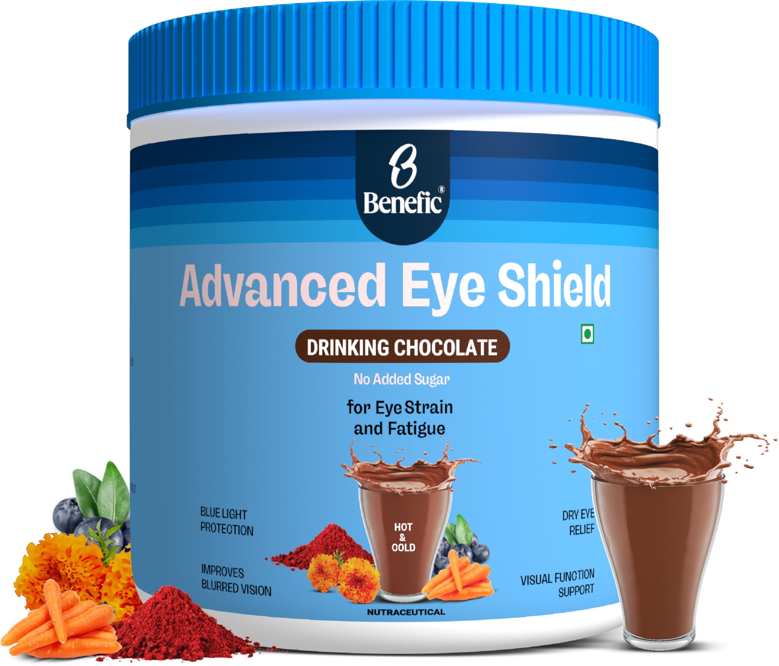 Benefic Nutrition - Advanced Eye Shield Drinking Chocolate powder 300g - Lutein, Zeaxanthin, Astaxanthin, Lycopene, Bilberry Extract |Protects from Blue light, Dryness & Digital Strain|