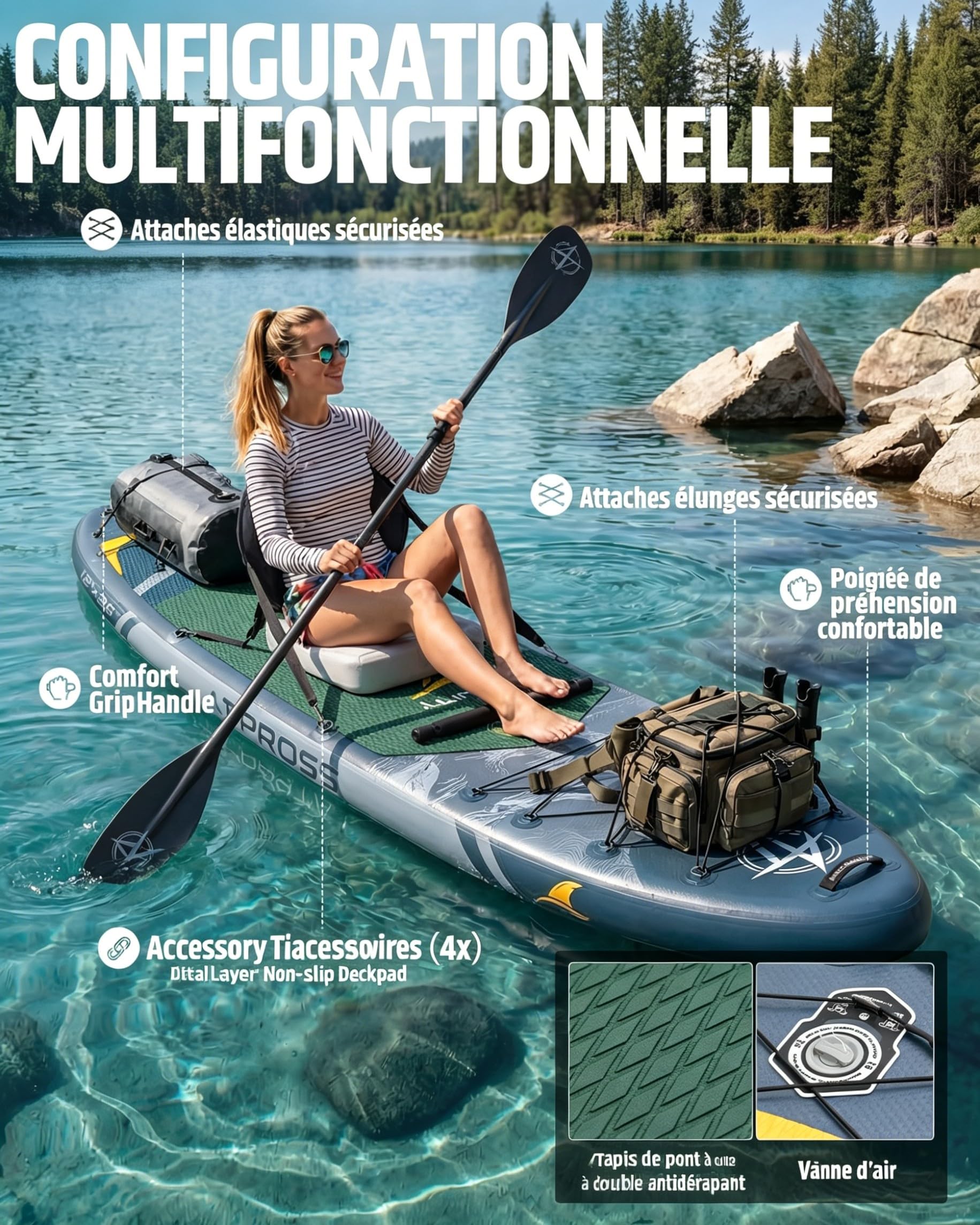 Planche de Paddle Gonflable Adulte avec Siège Kayak & Accessoires, 366x92cm Sup Extra Large & Stable, Charge 240kg, Kayak Gonflable 2 Places pour Yoga, Pêche et Surf