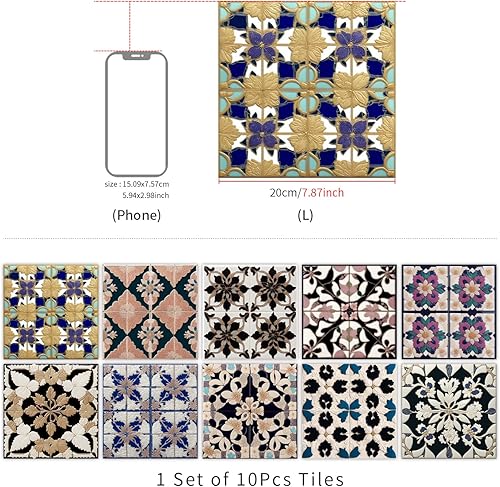 Miniatura 6 de Alwayspon Adhesivo para azulejos de pared moriscos, despegar y pegar, calcomanías de vinilo autoadhesivas para azulejos de cocina y baño, 8 x 8
