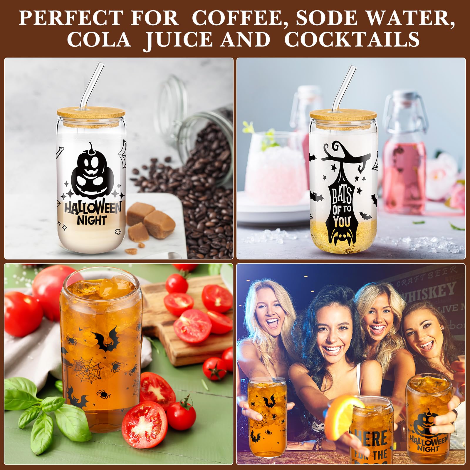 meekoo 6 Pcs Halloween Glass Cups 16 oz Halloween Iced Coffee Cups Pumpkins Bat Ghost Beer Tumblers with Lids and Straws Spooky Halloween Mug Mason Jar Glass Cups for Halloween Party (Cute)