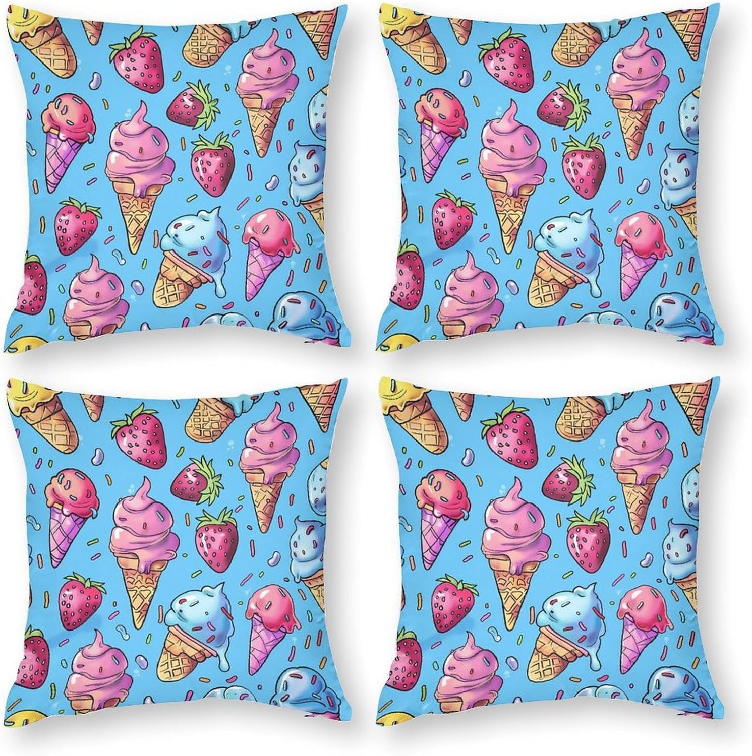 Sweet Ice-Creams Printed Throw Pillow Case 4 Pcs Soft Pillowcases Pillows Covers Sofa Bed Decor 12/14/16/17/18/20/22/24/32 Inches