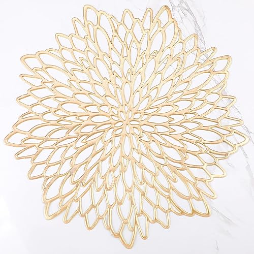 Miniatura 9 de Juego de 6 manteles individuales redondos de vinilo prensado con flores metálicas, resistentes al calor, manteles individuales dorados para Hoja de