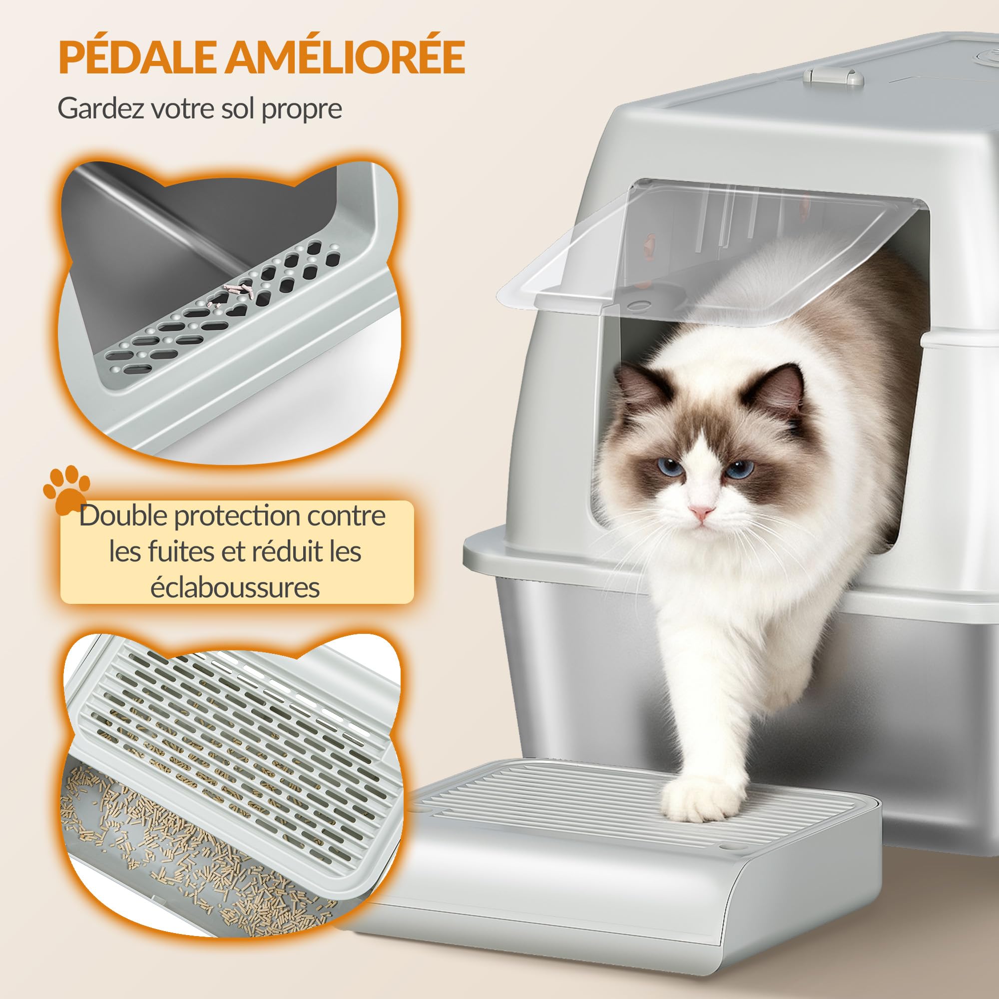 Bac à Litière en Acier Inoxydable avec Couvercle, XXL Bac à Litière Fermé,Couvercle à Charnière à 180°, Pédale et Pelle Incluses, Facile à Nettoyer, Amovible, 61 x 41 x 40 cm, Gris Clair