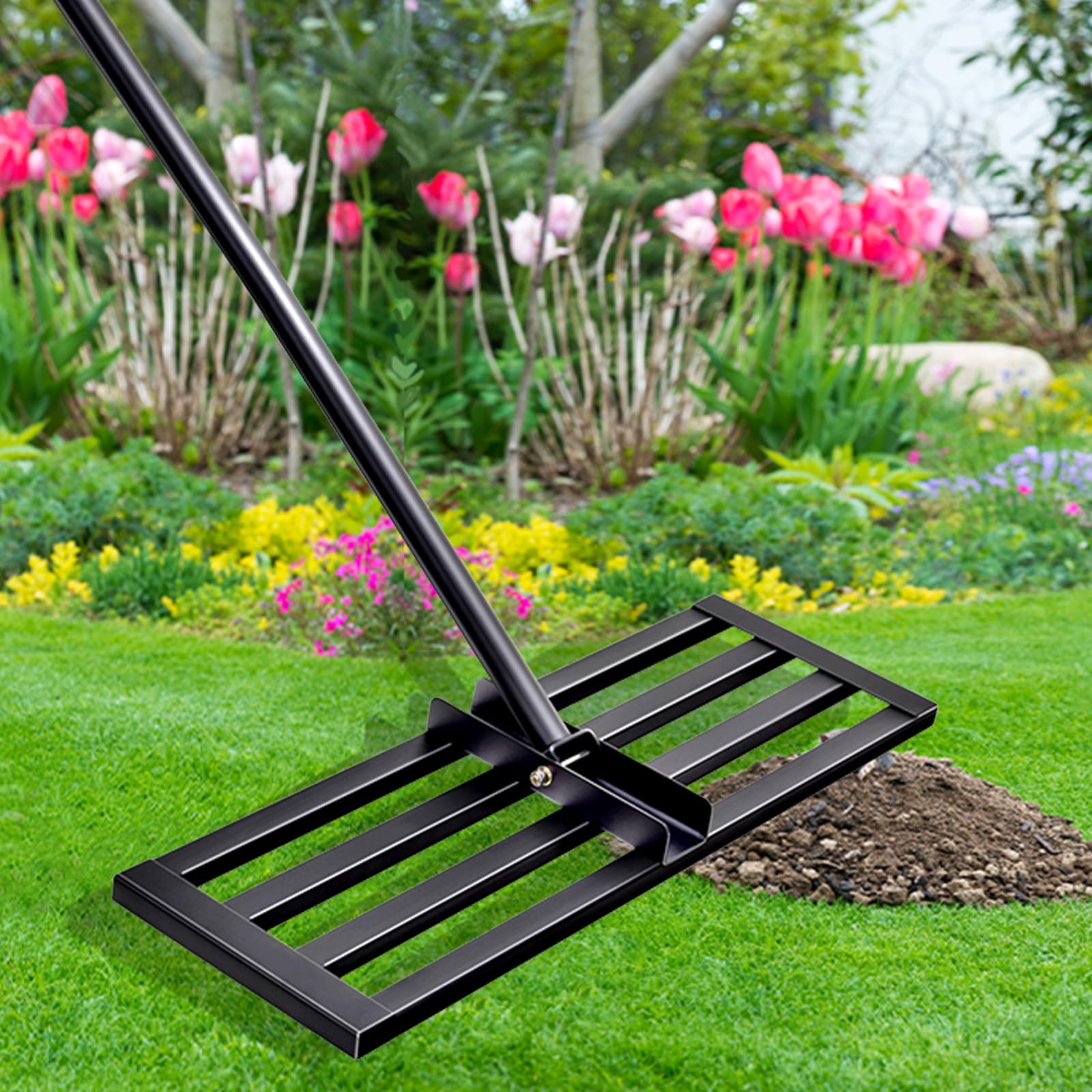 Râteau De Nivellement Pelouse 76x25 Cm - Poignée Réglable 0,8 à 1,95 M, Acier Renforcé, Pour Jardin Et Terrain