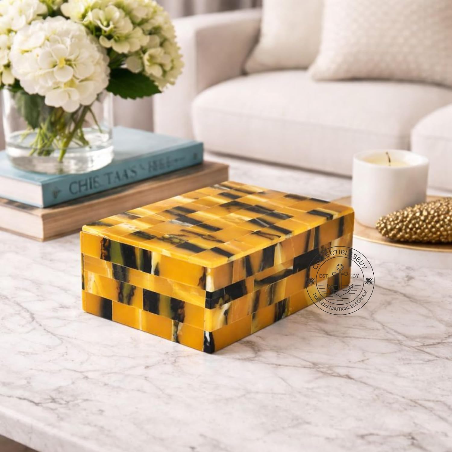 collectiblesBuy Handmade Mosaic Inlay Jewelry Box Black Yellow Bone Resin Organizer Decorative Keepsake Storage Box for Women Dresser Vanity Home Décor Gift