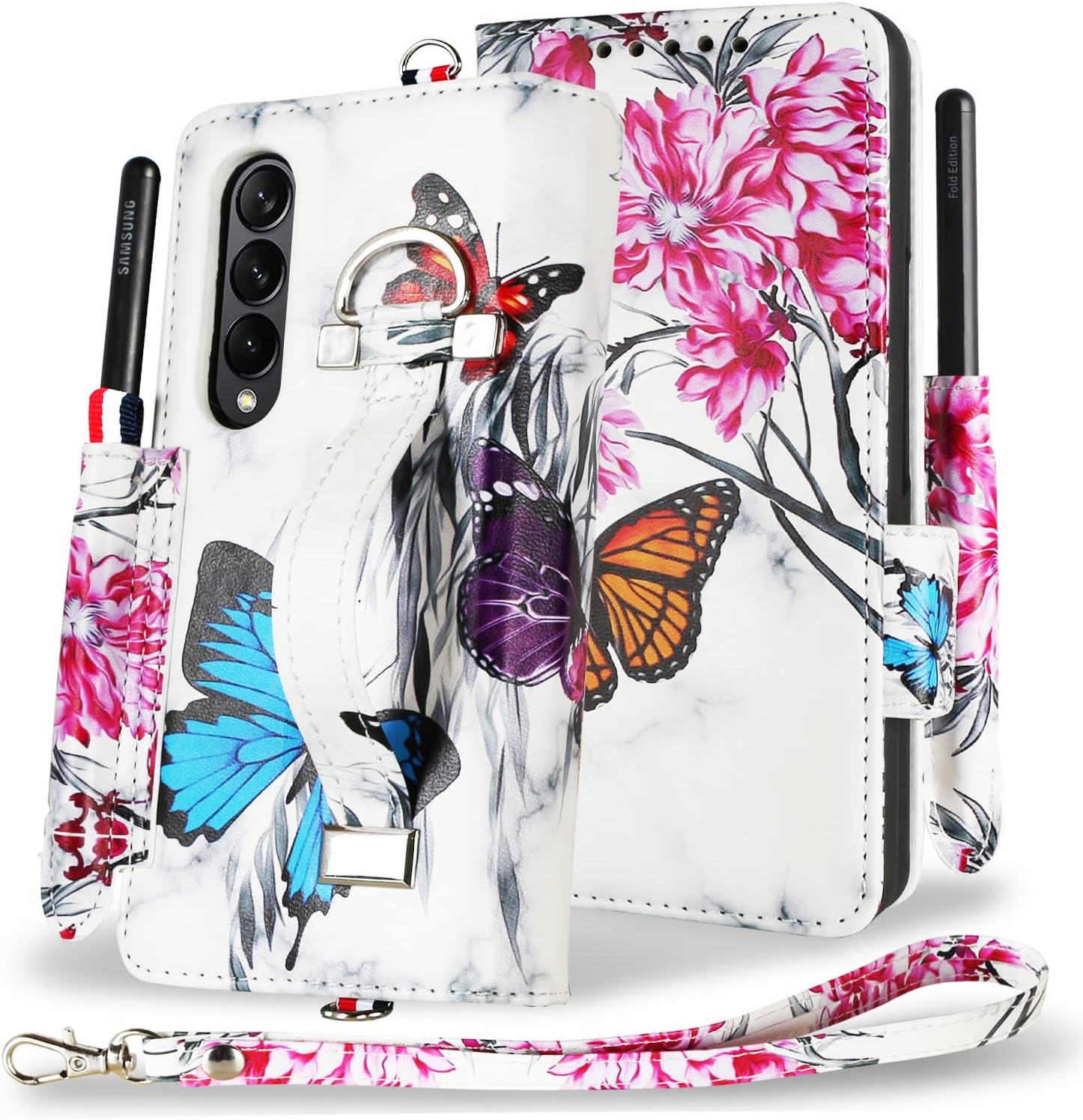 Samgg Case for Galaxy Z Fold 3, Wallet Case with [Phone Grip and Wrist Strap] [S Pen Holder] [RFID Blocking Card Slot], Magnetic Folio Flip Kickstand Leather Cover for Samsung Z Fold3 (Butterfly 3)
