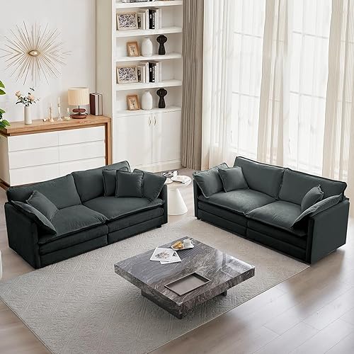 mikibama Luxury 2 Piece Sofa Set, 2 Pieces of Loveseat Sofa, Modern Chenille Comfy Cloud Couches Set for Living Room Office with 4 Armrest Pillows and 4 Toss Pillows, Grey