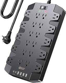 Power Strip, SUPERDANNY Surge Protector with 22 Outlets, 2 USB-C and 4 USB-A, 2100J, 6.5Ft Flat Plug Heavy Duty Extension Cord (1875W/15A), Wall Mountable for Home, Office, Dorm, Gaming Room, Black