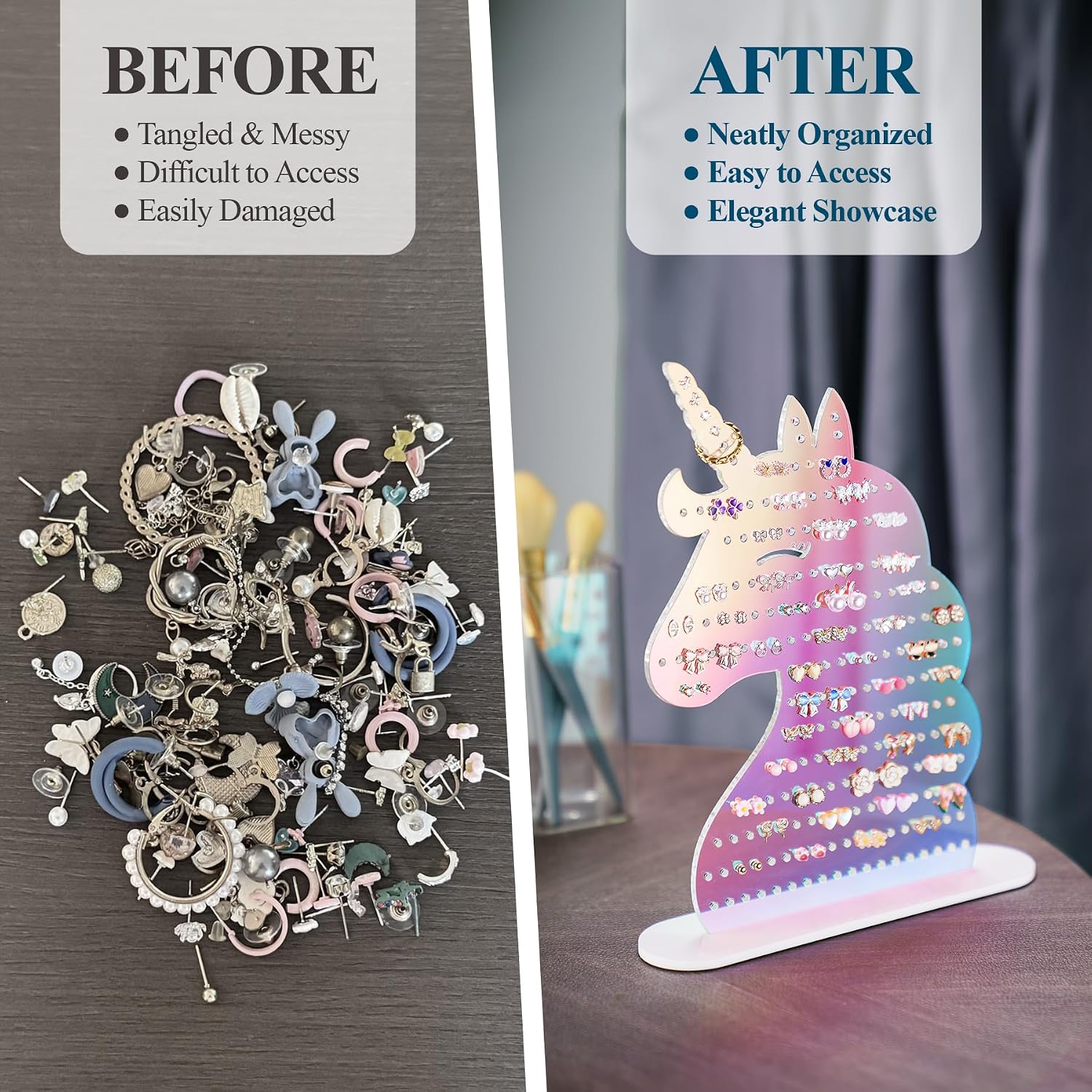 NiHome Acrylic Unicorn Earring Holder with 214 Holes for 80–107 Pairs, Colorful Smiling Unicorn Jewelry Display Stand for Teens & Women,Stud & Dangle Earring Organizer with Anti-Slip Pads(Iridescent)