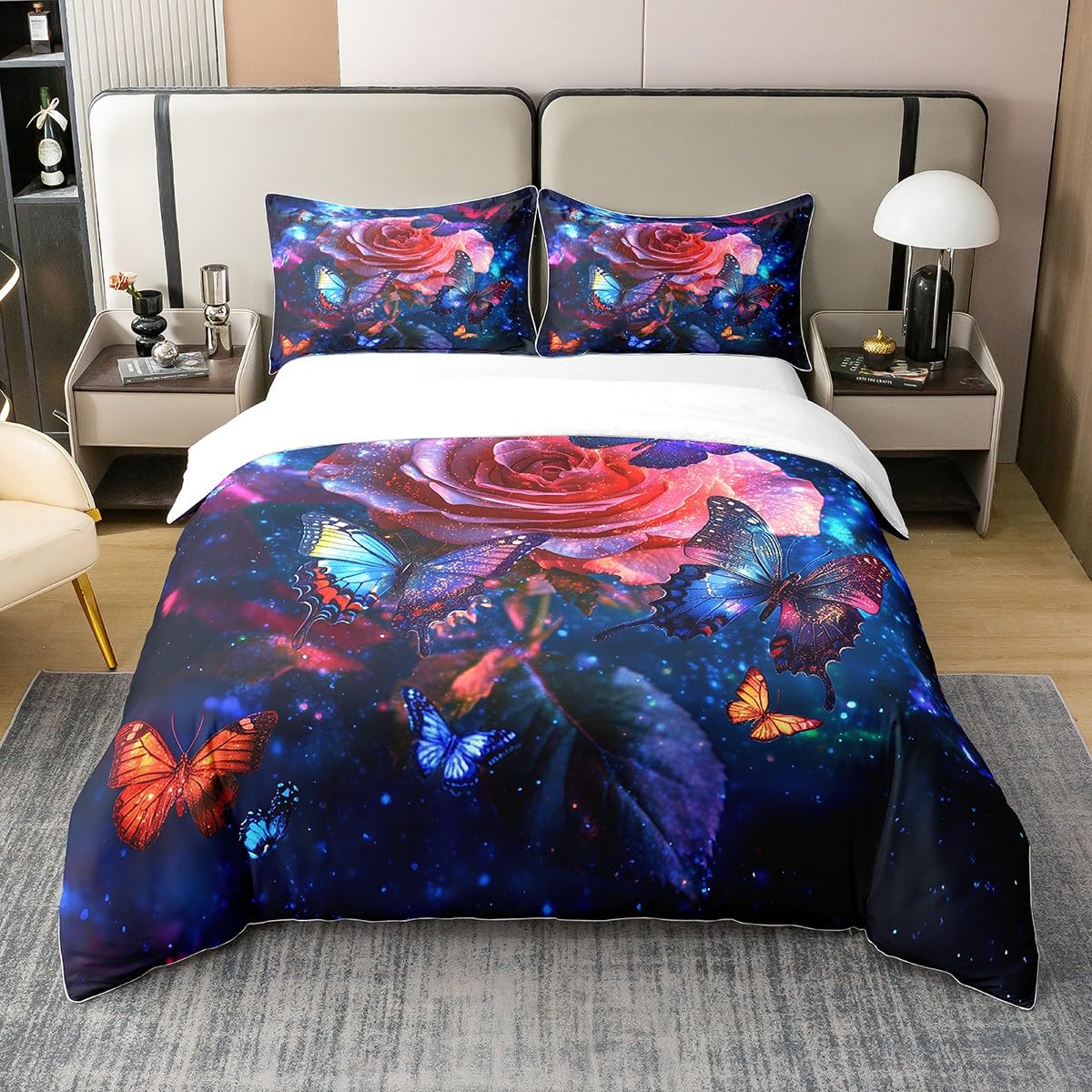 Dreamy Rose poszewka na kołdrę w 100% z bawełny, dla chłopców i dziewcząt, zestaw pościeli dla dzieci, obraz olejny galaktyka, gwiaździste niebo, kwiaty, poszewka na kołdrę z 2 poszewkami na poduszki,