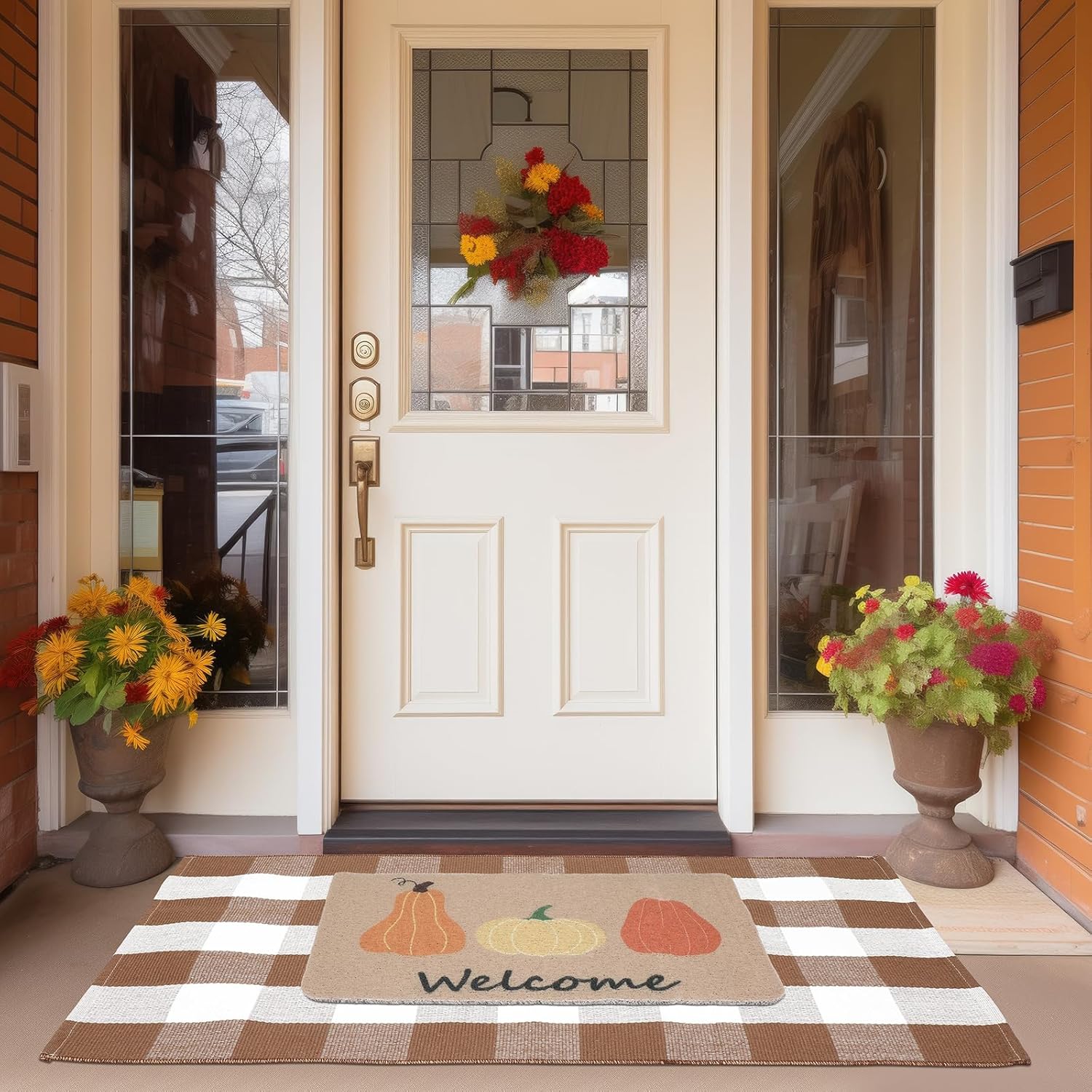 Nuanchu 2 Pcs Thanksgiving Rug for Front Porch Decor Doormat Combo Set, 100% Coir Pumpkin Welcome Mat and 27.5" x 43" Layered Buffalo Plaid Rug for Indoor Outdoors (Coffee, White, Plaid, Pumpkin)