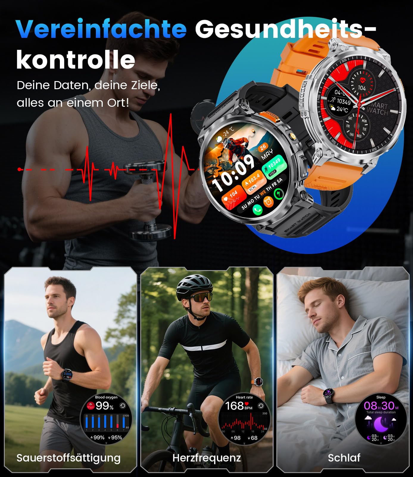 ESFOE Reloj Inteligente Hombre Militar con 1000mAh/LED Linterna,1.85” Grandes Smartwatch Hombre Llamadas,5 ATM Impermeable/130+ Modos Deportivos/Pulsómetro,Pulsera Actividad Android iOS Carbón Mate