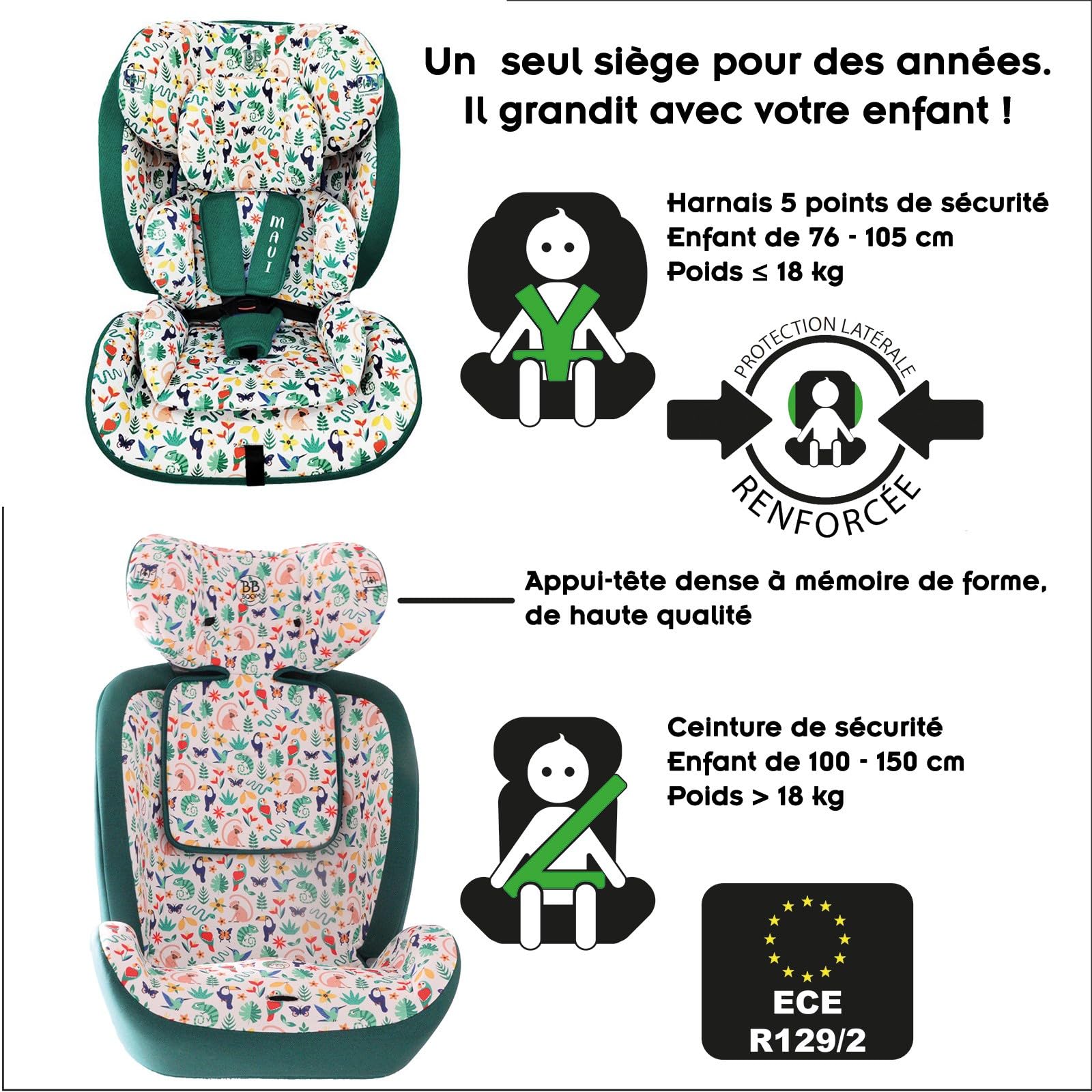 MAUI Siège-auto ceinturé évolutif R129 76-150 cm pour enfant Jungle
