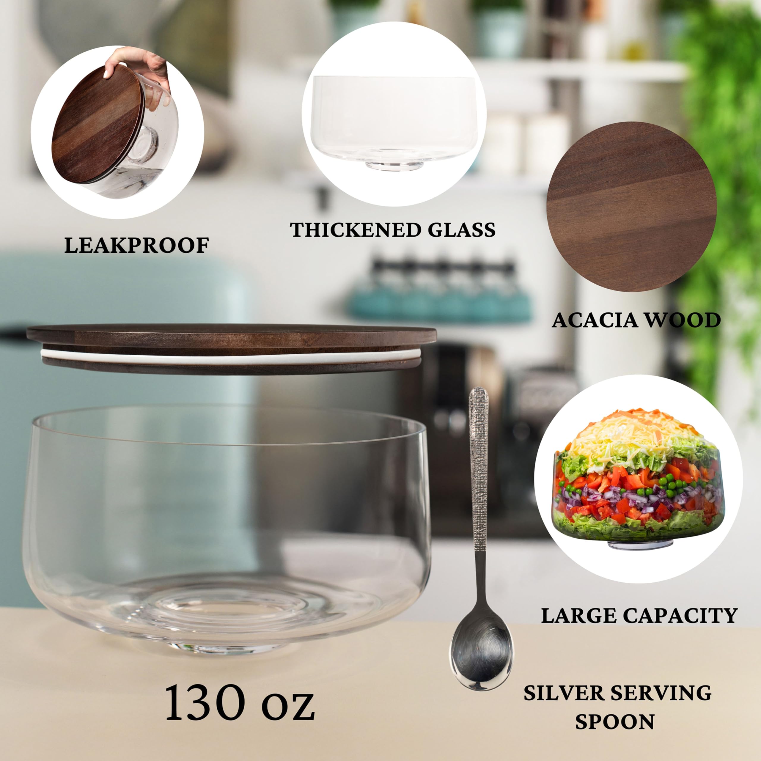 Elomere Large Trifle Bowl with Lid (130oz) - Silver Serving Spoon & Acacia Wood Lid - Trifle Bowl Glass, Glass Salad Dish, With Pedestal - Truffle Dish for Layered Desserts, Fruits, Salads, Punch