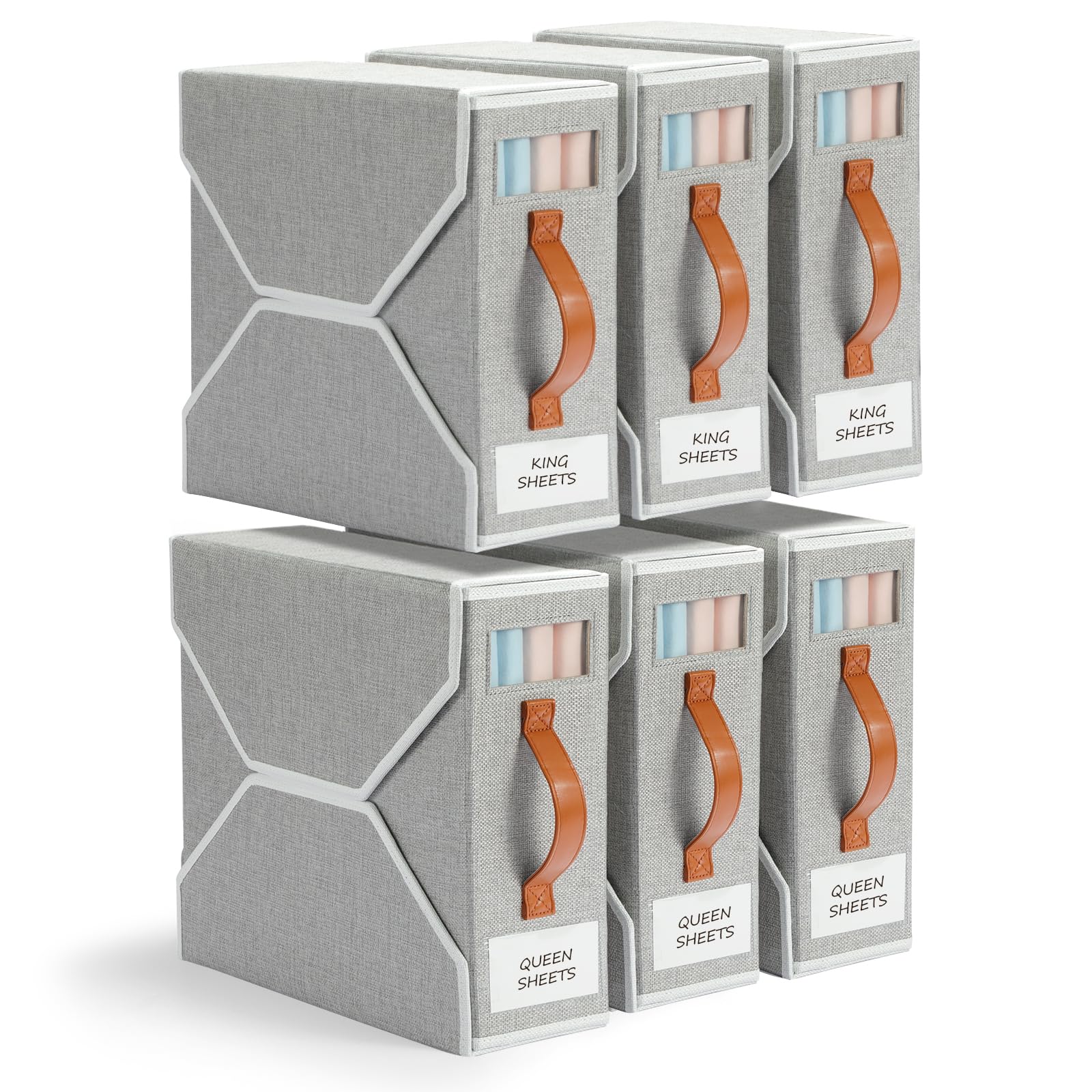Yecaye 6 Pack Sheet Organizers and Storage, Bed Sheet Organizer for Linen Closet, Foldable Sheet Set Organizer with Clear Window and Label (Queen & King Size), Bedding Storage Box Container, Grey