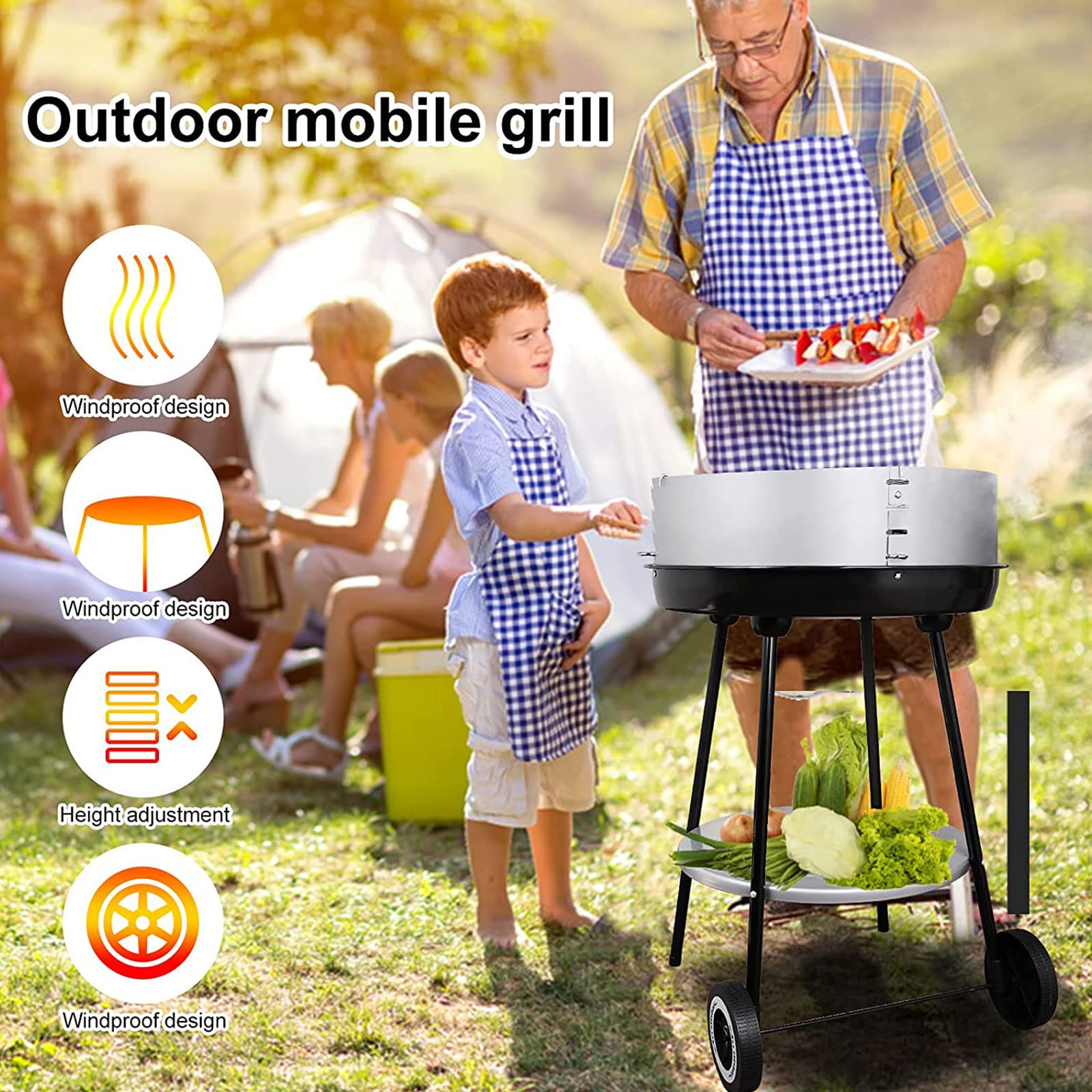 Przenośny składany grill ogrodowy, 20-calowy okrągły grill z przenośną półką i kółkami do grilla ogrodowego Piknik Family Party Camping