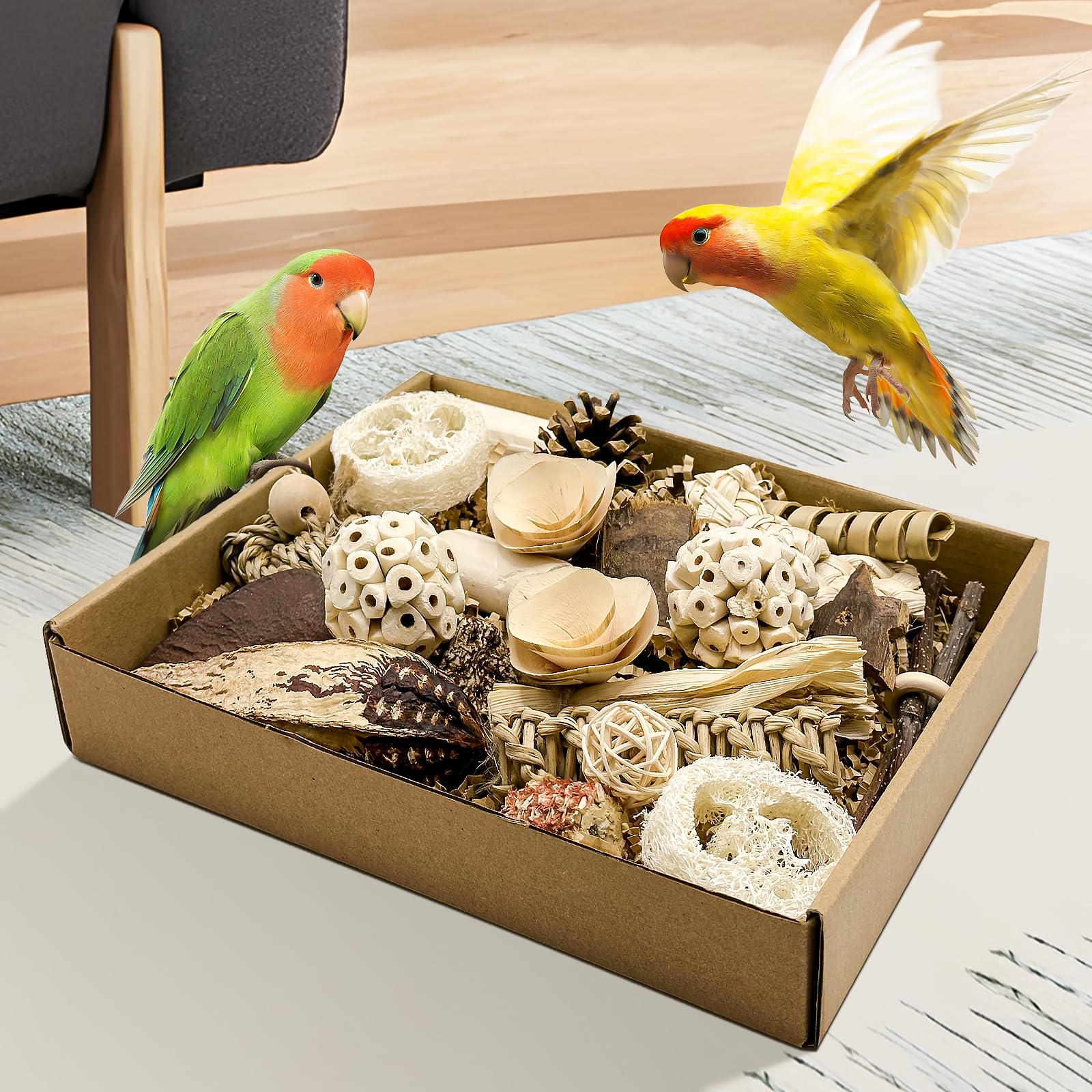 Juguete Natural para pájaros, Caja de Juguetes para triturar Loros, Juguetes para Masticar cacatúa, Periquito, Periquito, pájaros pequeños y medianos (Color Natural)