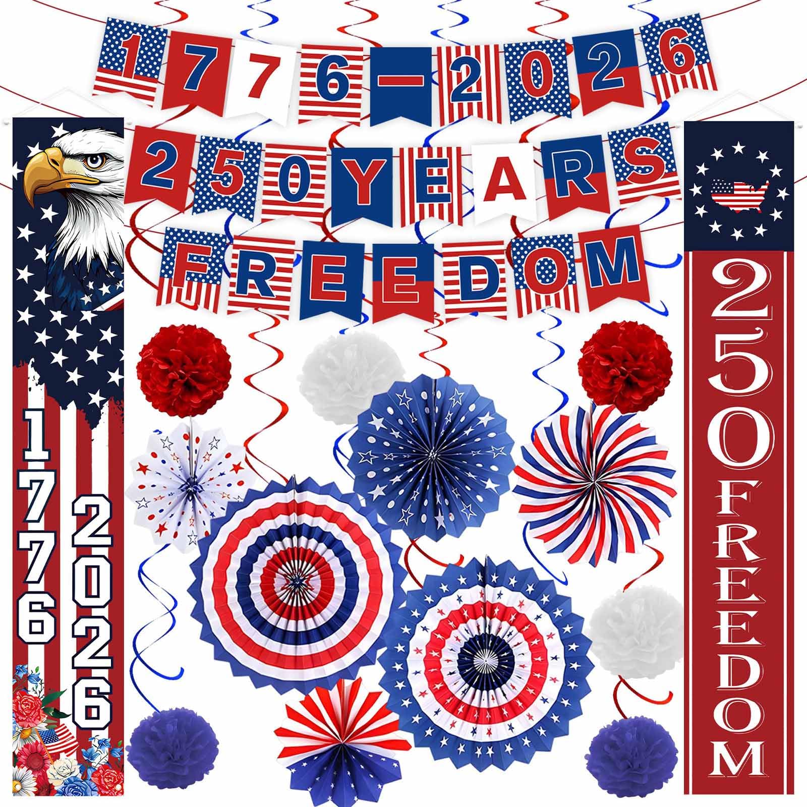 Photo 1 of 43 PCS US 250th Anniversary Decorations Set, 4th of July Decorations, Red White Blue Paper Fans in Patriotic Designs, 250 Years Garland Set for Independence Memorial Day Party Supplies Decor