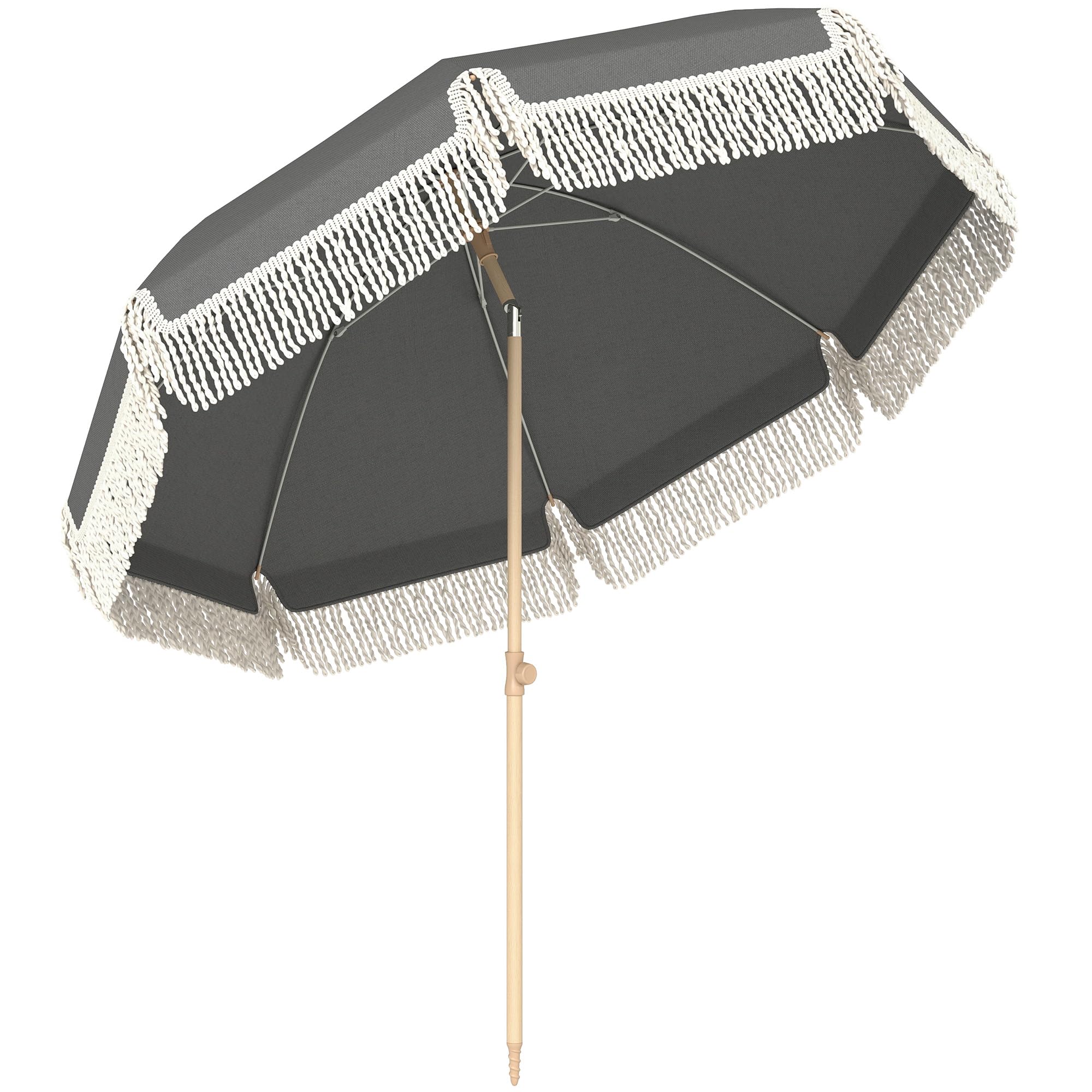 Outsunny 1.7 m Beach Umbrella with Sand Anchor, 30° Tilting Fringed Beach Garden Parasol with Adjustable Height