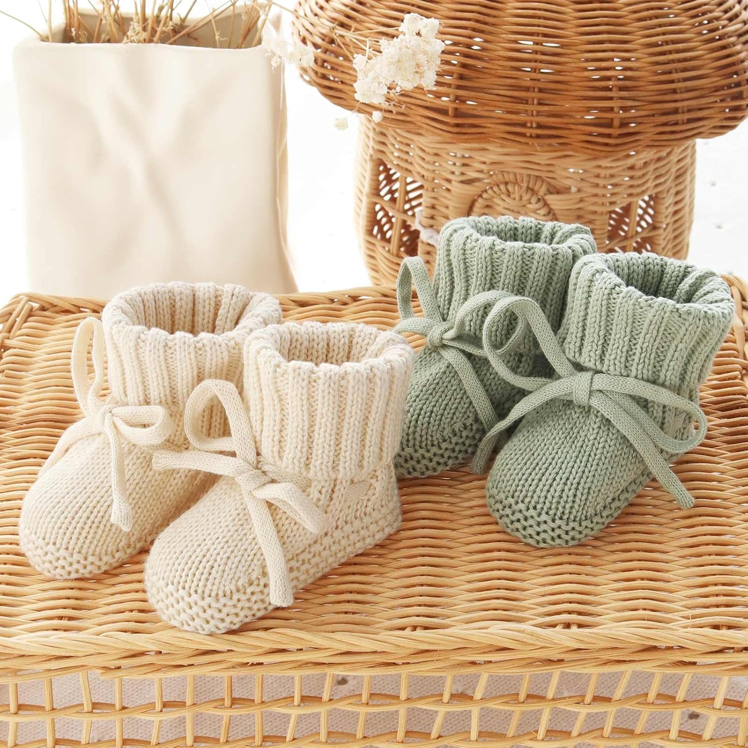 LifeTree Baby Knit Booties-2 Pairs, Cozy Cotton Handmade Crochet Baby Shoes, Newborn Winter Booties 0-6 Months for Boys & Girls, Warm Soft Baby Infant Socks