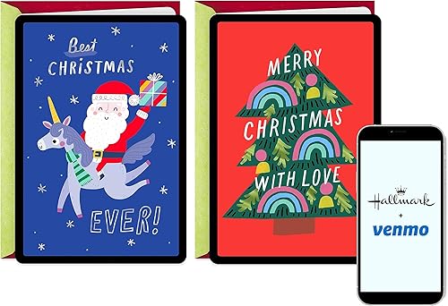 Miniatura 1 de Hallmark and Venmo - Tarjetas de Navidad (2 tarjetas con sobres) Papá Noel con unicornio, árbol de Navidad arcoíris