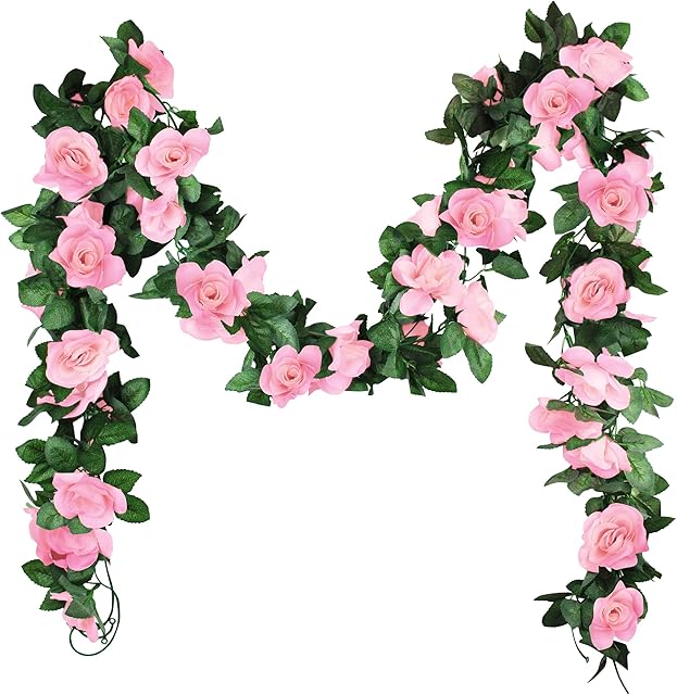 YMIFEEY 3PCS /21.6 Ft Artificial Flower Garland Fake Rose Vine Hanging Silk Flowers Plants Decorations Pink Rose Garland for Wedding Arch Home Party Garden Wall Art Décor (Pink)