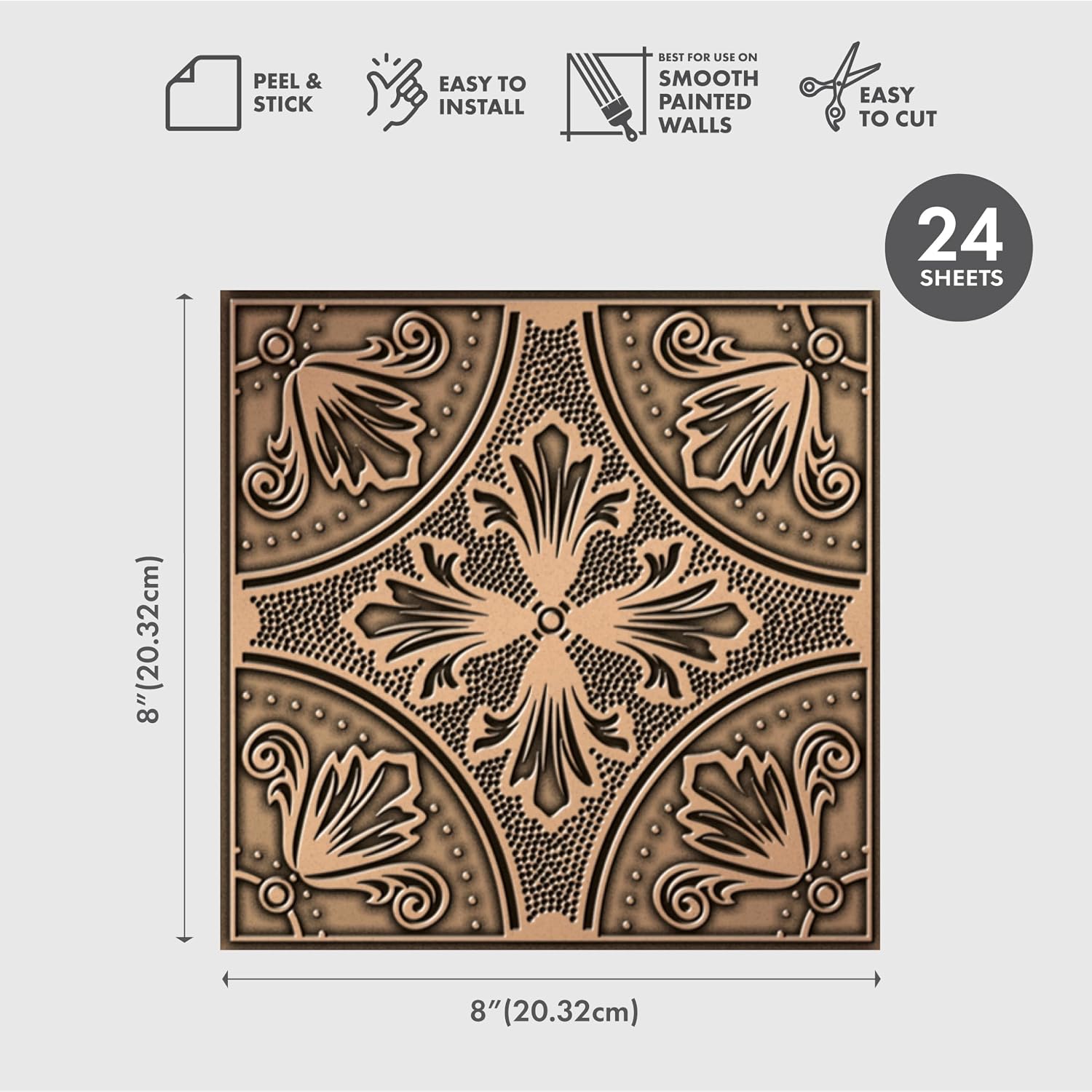 Main Street Peel and Stick Backsplash Paper Tiles - 24 Pack of 8 x8 Removable Wallpaper for Kitchen, Renter Friendly, Self Adhesive (Dark Aged Bronze)