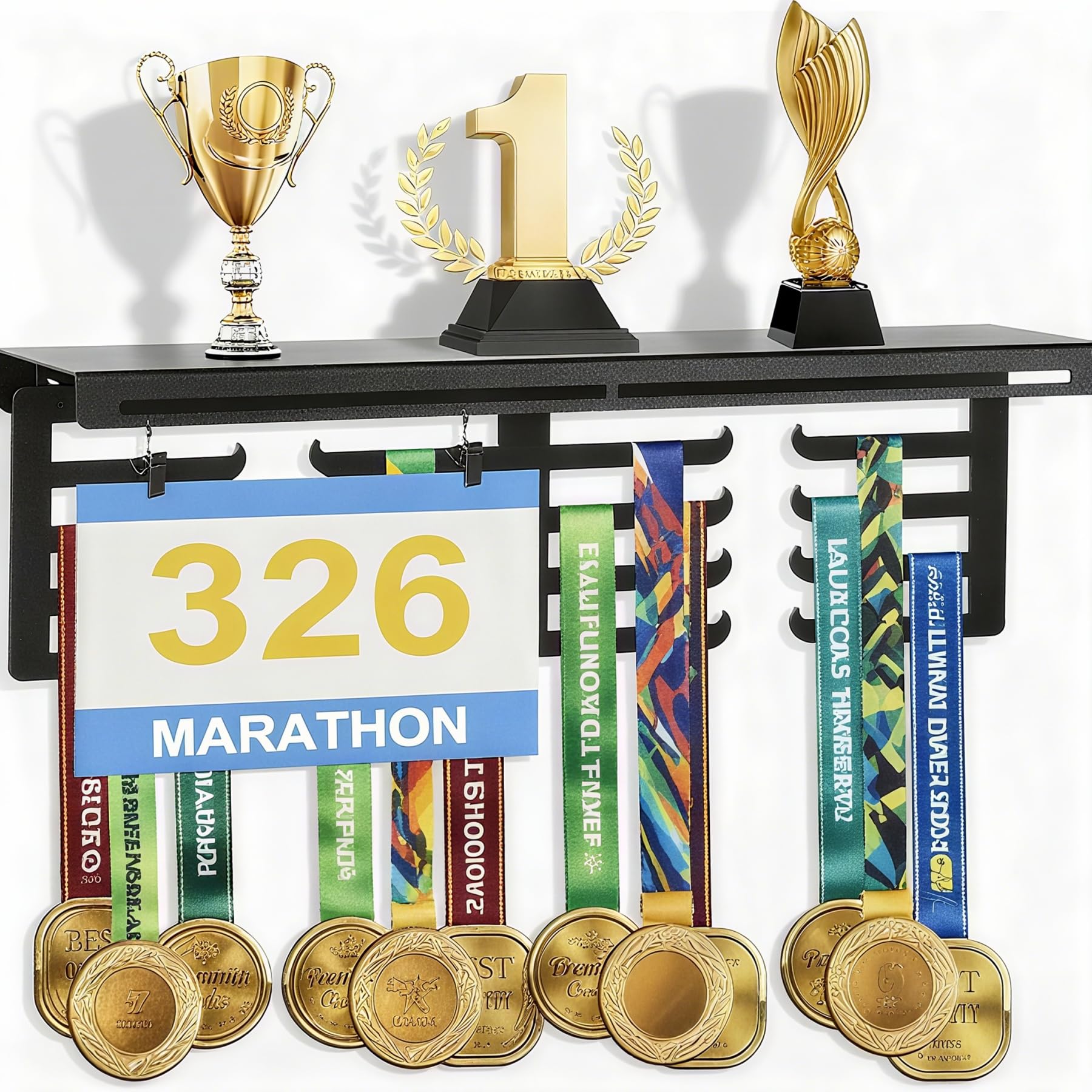 Uchwyt na medale na trofea, medale i numery startowe, regał na trofea z uchwytem na medale i numerem, regał do prezentacji nagród, montaż ścienny