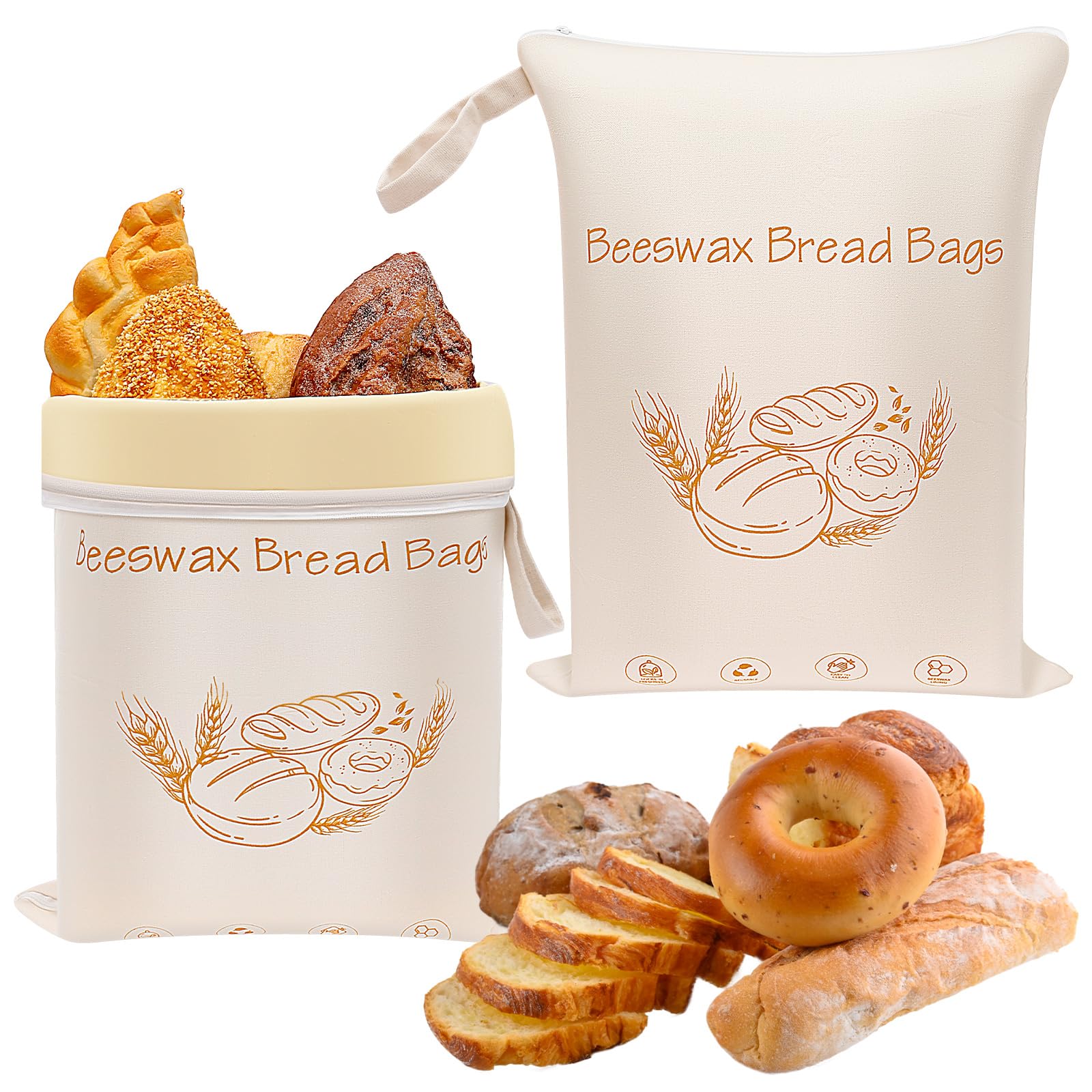 Sacs à pain en cire d'abeille avec fermeture éclair, 42x33 cm, 100% coton, réutilisables, pack de 2