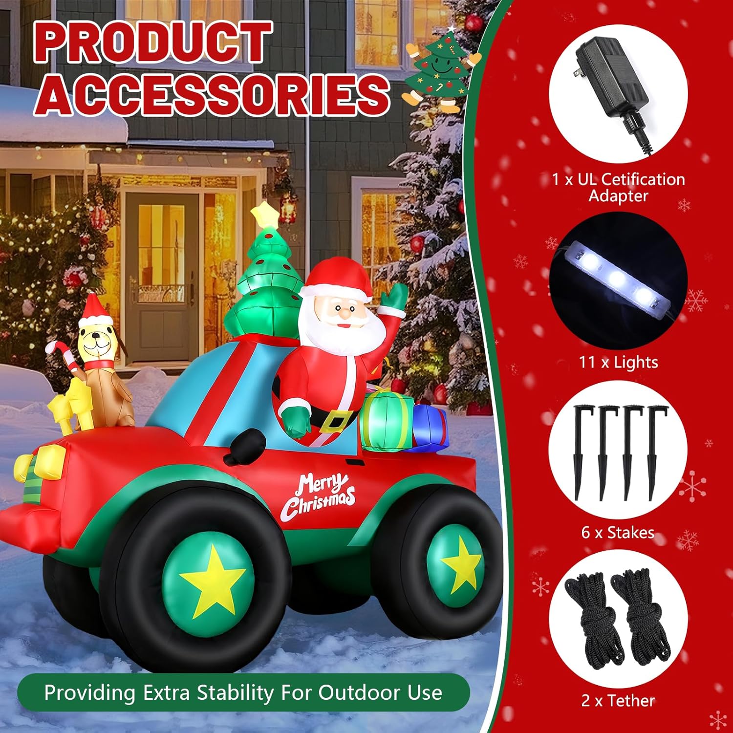 Alupssuc 8FT Christmas Inflatable Truck Outdoor Decoration with Built-in LED Lights, Blow up Santa Claus Driving Car with Xmas Tree, Dog, Penguin and Gifts for Outside/Indoor Xmas Yard, Garden Decor
