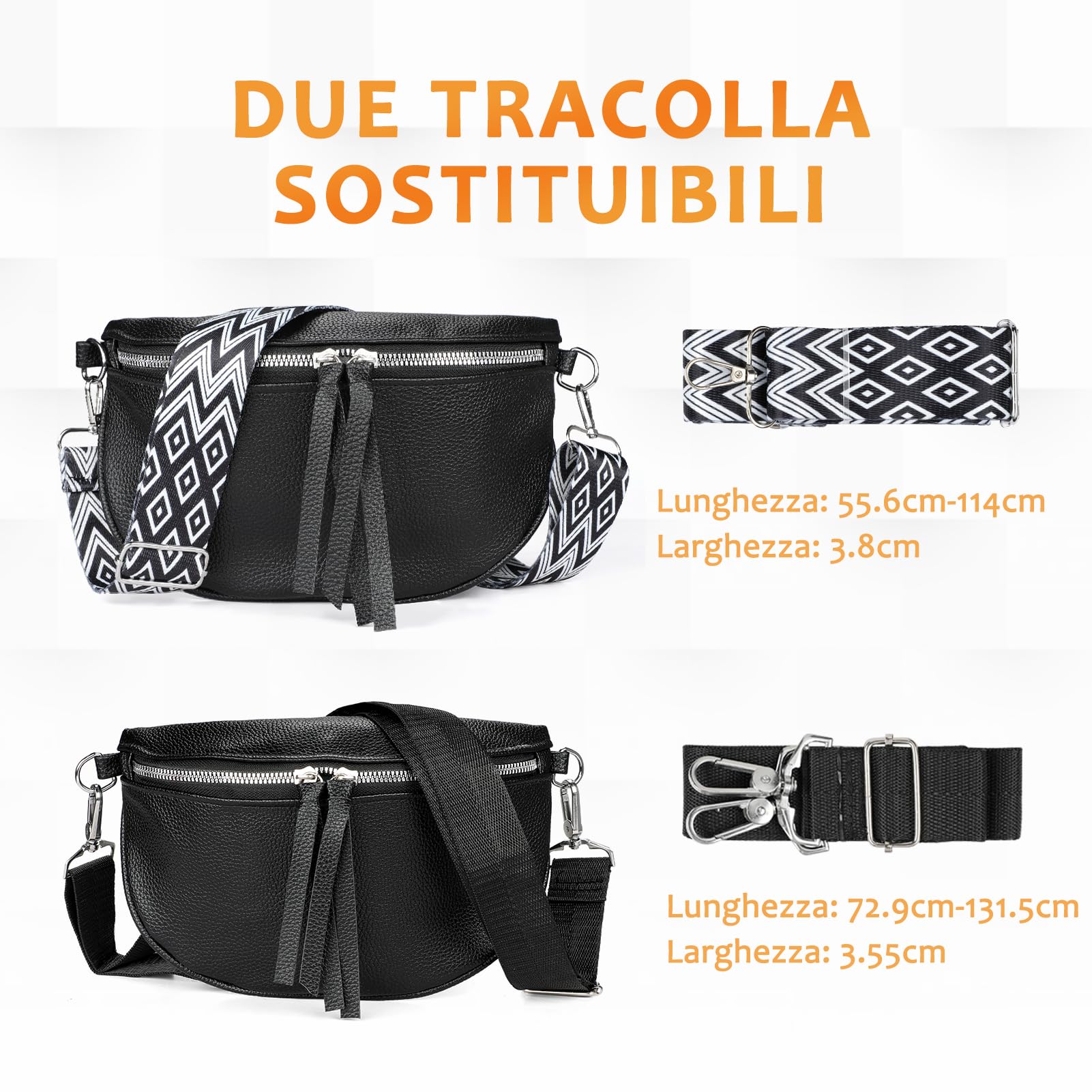Kiiwah Marsupio Donna Elegante Pelle PU, Borsa a Tracolla di Medie Dimensioni Nero Tracolla Larga con 2 Rimovibile Spallacci