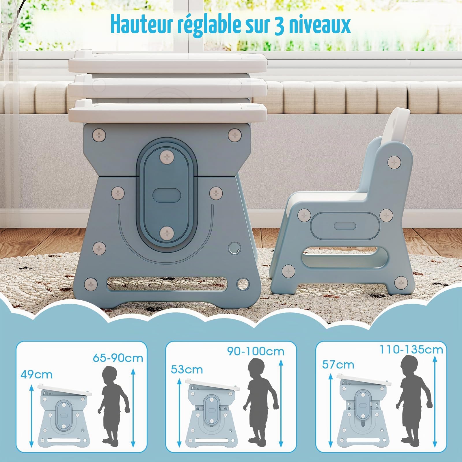 LIFEZEAL 4 en 1 Ensemble Table et Chaises pour Enfants, Table à Dessin avec Tableau Blanc Magnétique et Chaise Ergonomique, Bureau Réglable et Inclinable avec Pieds Antidérapants pour 3+ Ans (Bleu)