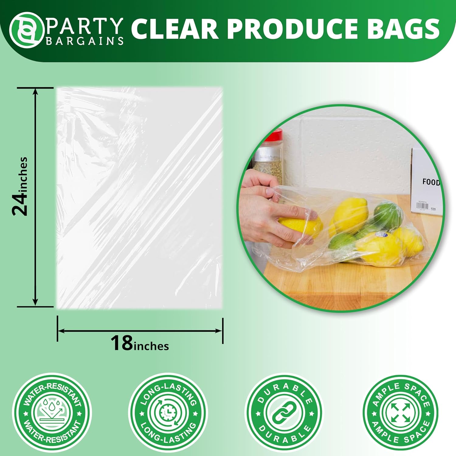PARTY BARGAINS 18 x 24 Inch Clear Plastic Produce Bags on a Roll, 300 Count – Food-Grade Polyethylene Grocery Bags for Fruits, Vegetables, Bread & Kitchen Storage