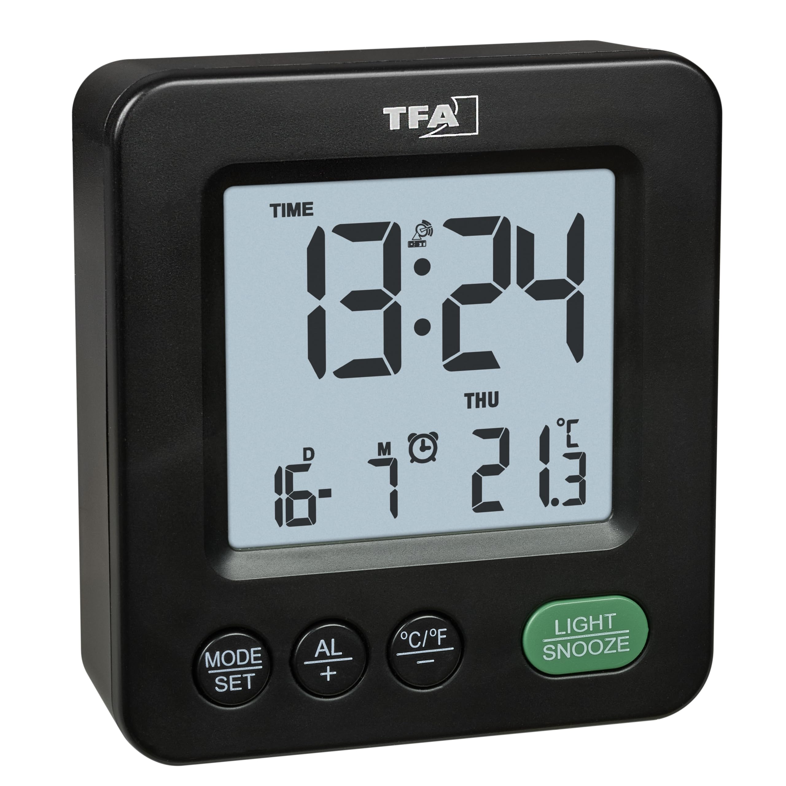 TFA Dostmann Digital Wireless Alarm Clock Mini, 60.2567.01, Battery-Operated, Indoor Temperature, Time Zone Setting, Individual Snooze Duration, Day of the Week, Black