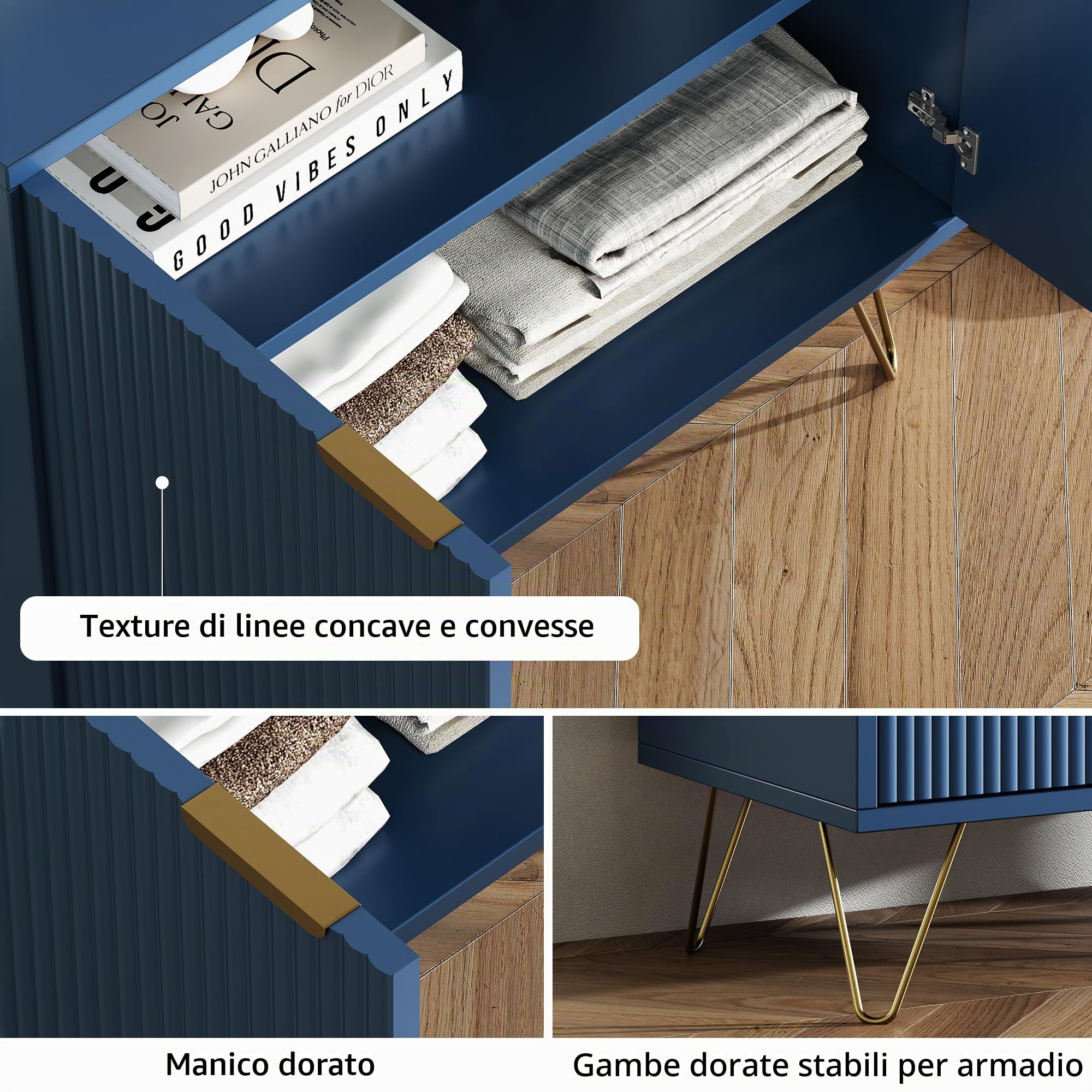 Mobile a due ante con ripiano e comodino in legno, piccola credenza con 2 scomparti portaoggetti, buffet basso, basso da cucina, blu (blu)
