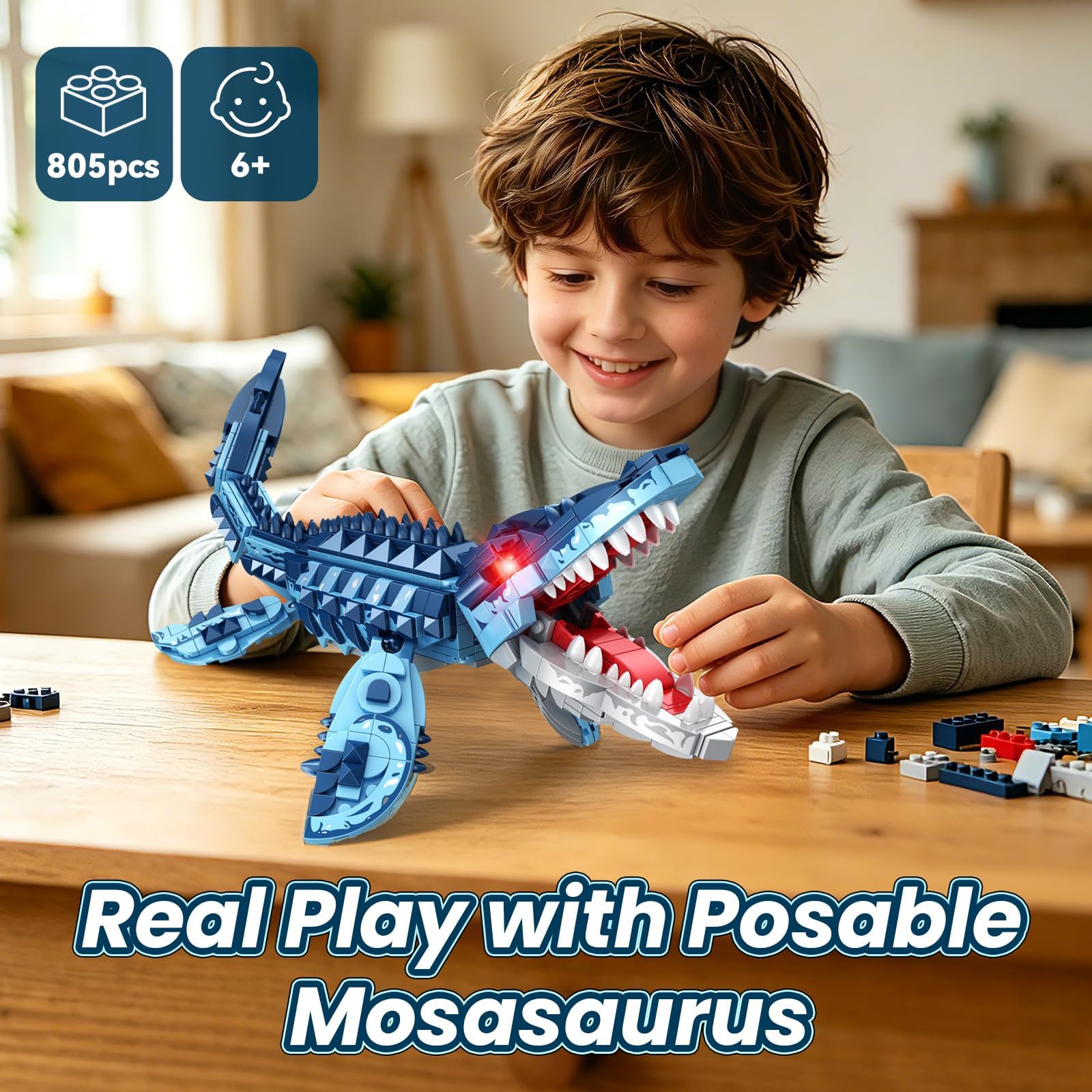 Blocs de Construction Mosasaure, Kit de Modèle Dinosaure Jurassique, Cadeau de Noël et d'anniversaire pour Garçons et Filles, Dès 6 Ans