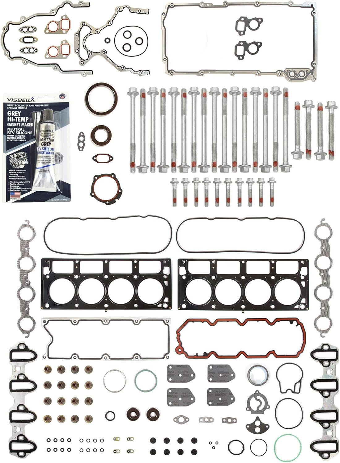 Evergreen FSHB8-10448ET Full Gasket Set Head Bolts Fit 02-04 Chevrolet GMC Buick Cadillac 4.8L 5.3L OHV