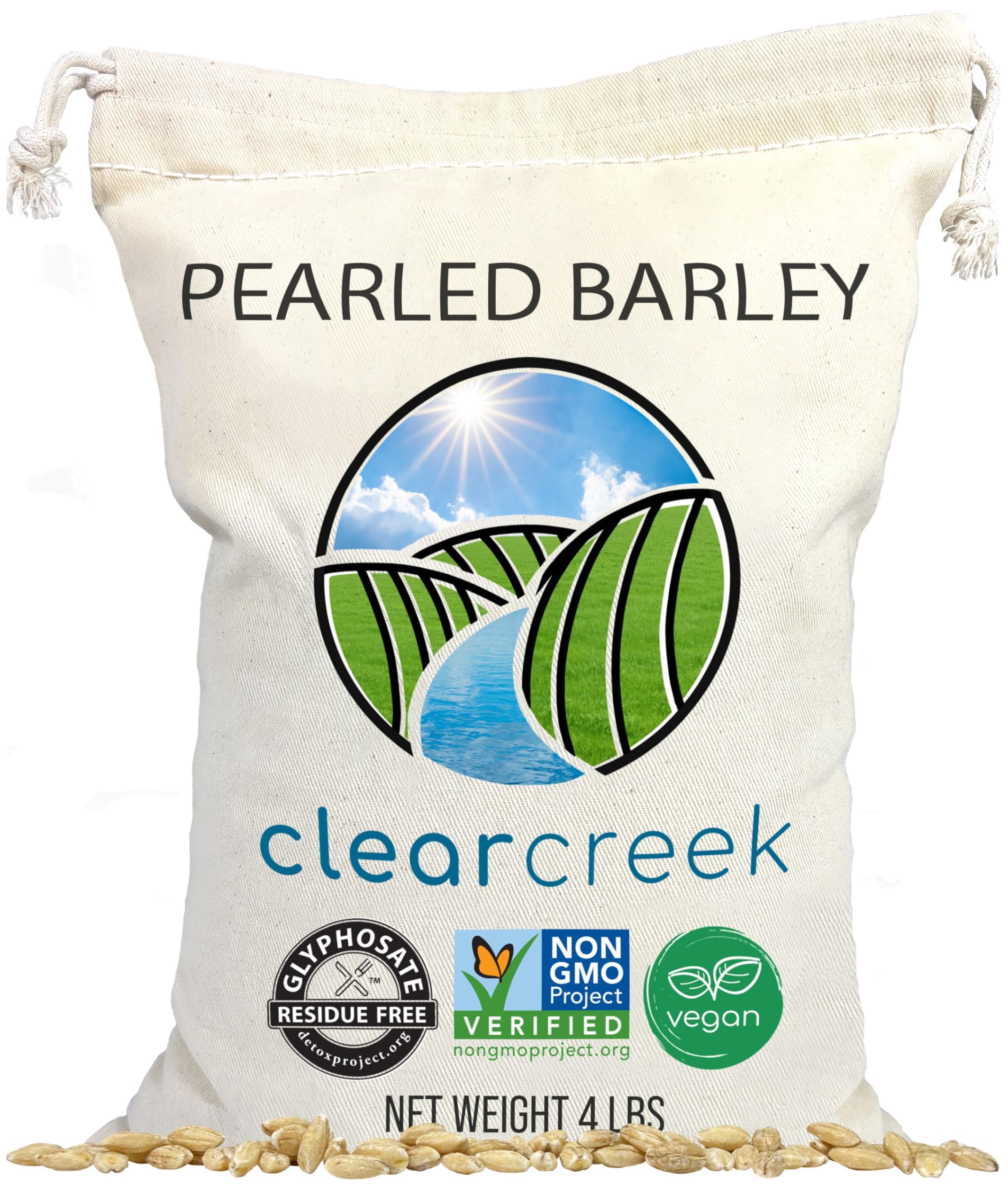 CLEAR CREEK Certified Glyphosate Residue Free Pearl Barley | 4 LBS Drawstring Bag | Non-GMO | Kosher | Vegan | Non-Irradiated