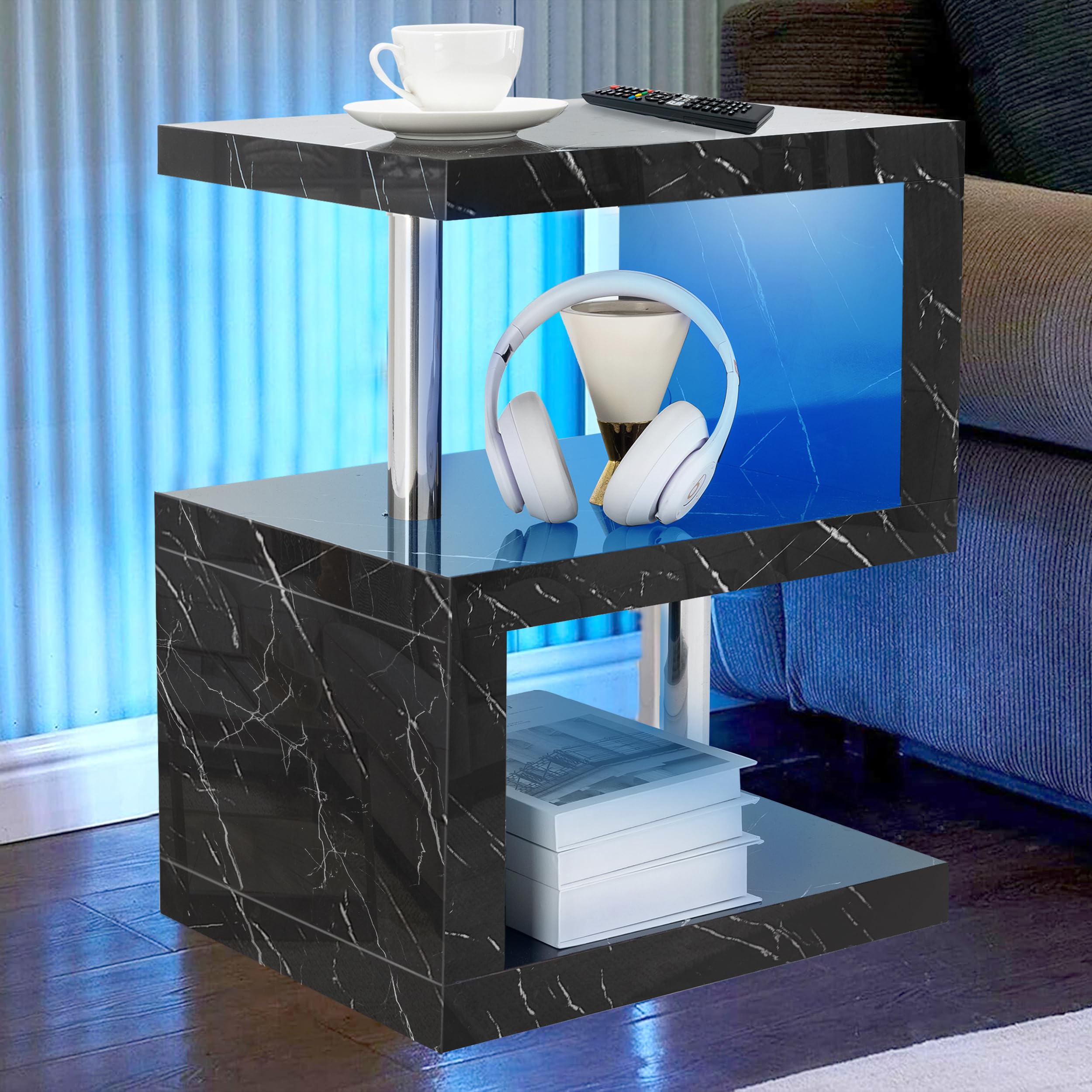 High Gloss Coffee Table Side Table with LED RGB Lights Coffee Table for Living Room 2 Tier Storage Shelves S Shape Rectangle Table with Home Office Furniture 44L x 38W x 57H cm