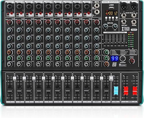 XTUGA TS11 Mezclador de audio profesional de 11 canales con 99 efectos DSP, ecualizador de 7 bandas, botón de alimentación fantasma independiente de