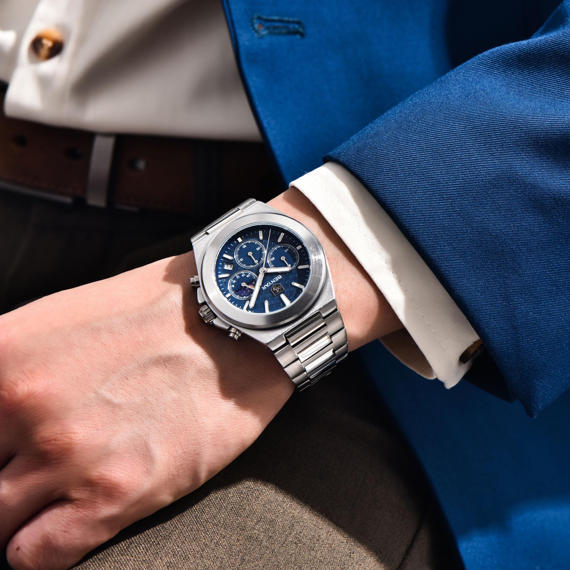 BENYAR BY-5220m - Orologio da polso da uomo, cronografo da uomo, con fasi lunari, impermeabile, 40 mm, in acciaio inox, analogico, al quarzo