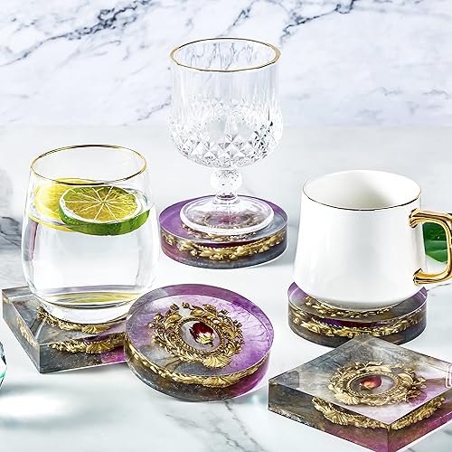 Miniatura 5 de Juego de 8 moldes de resina para posavasos de resina, incluye 4 moldes cuadrados y 4 redondos de silicona gruesa para fundición de resina, moldes de