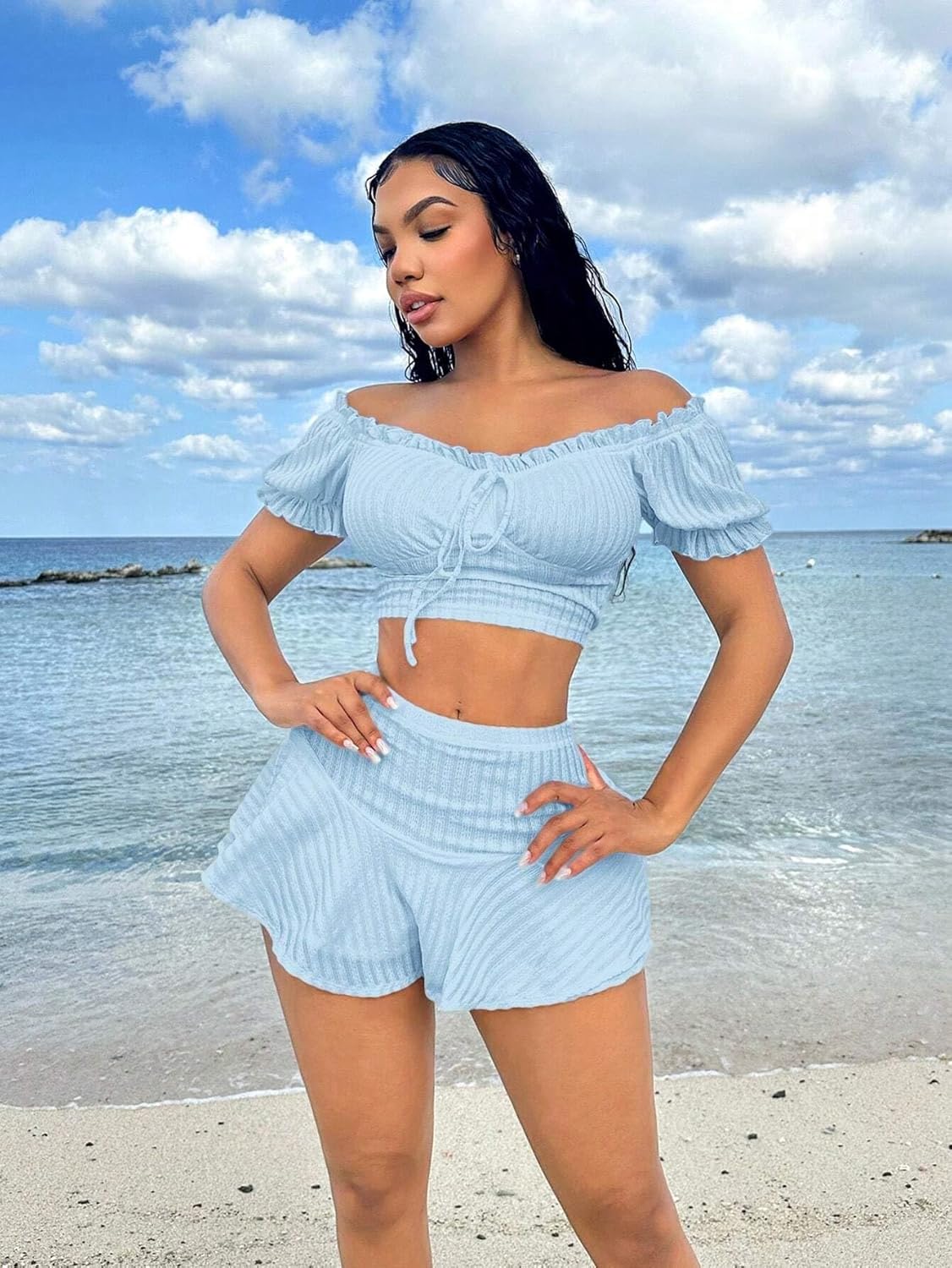 Women's Ruffle Hem Slimming Fit Summer Two Piece Outfit Casual Princess Sleeve Short Set