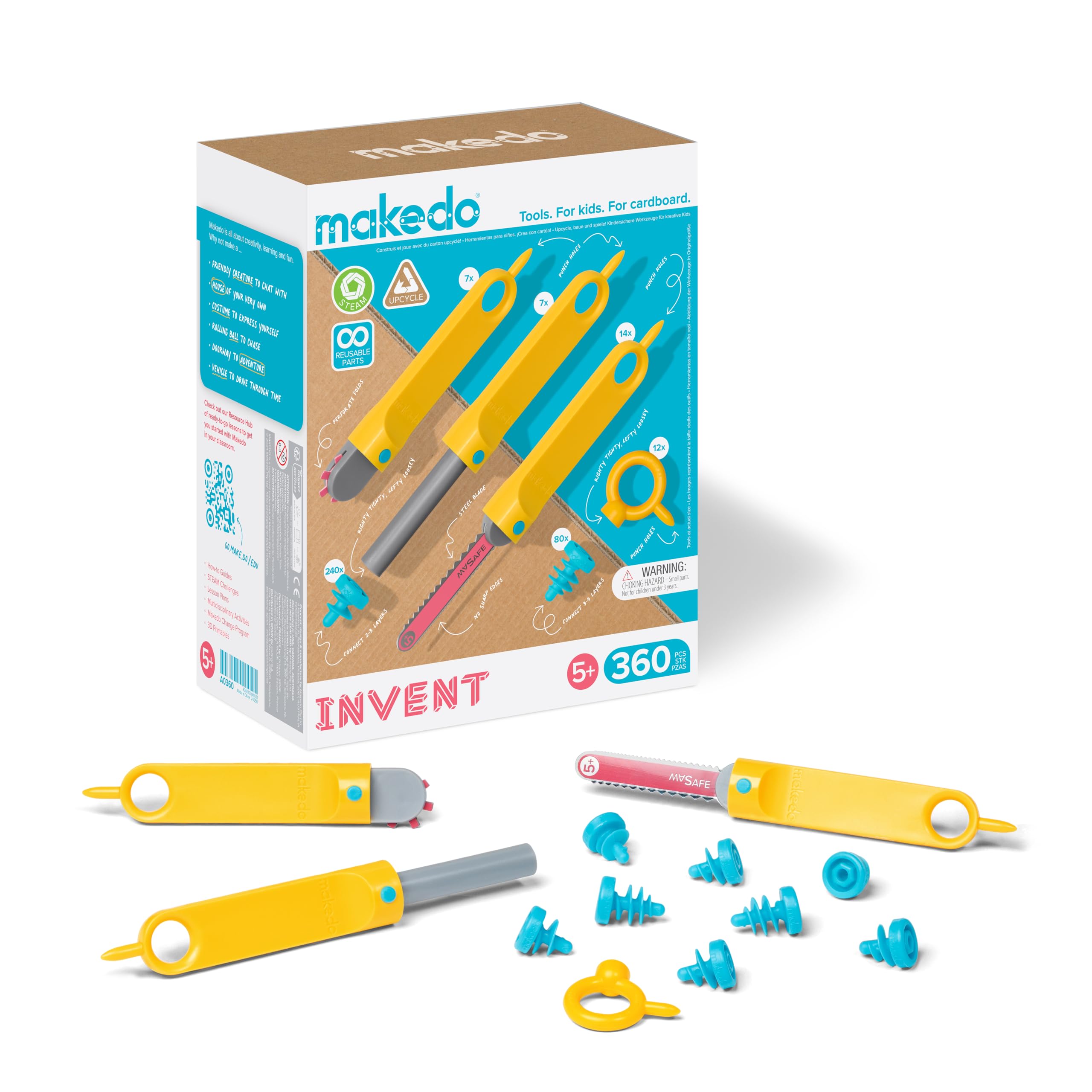 MakedoInvent| Cardboard Construction Tools for Kids Age 5+ | 360 Piece Toolkit in Large Sized Toolbox | Perfect for Classroom STEM Learning