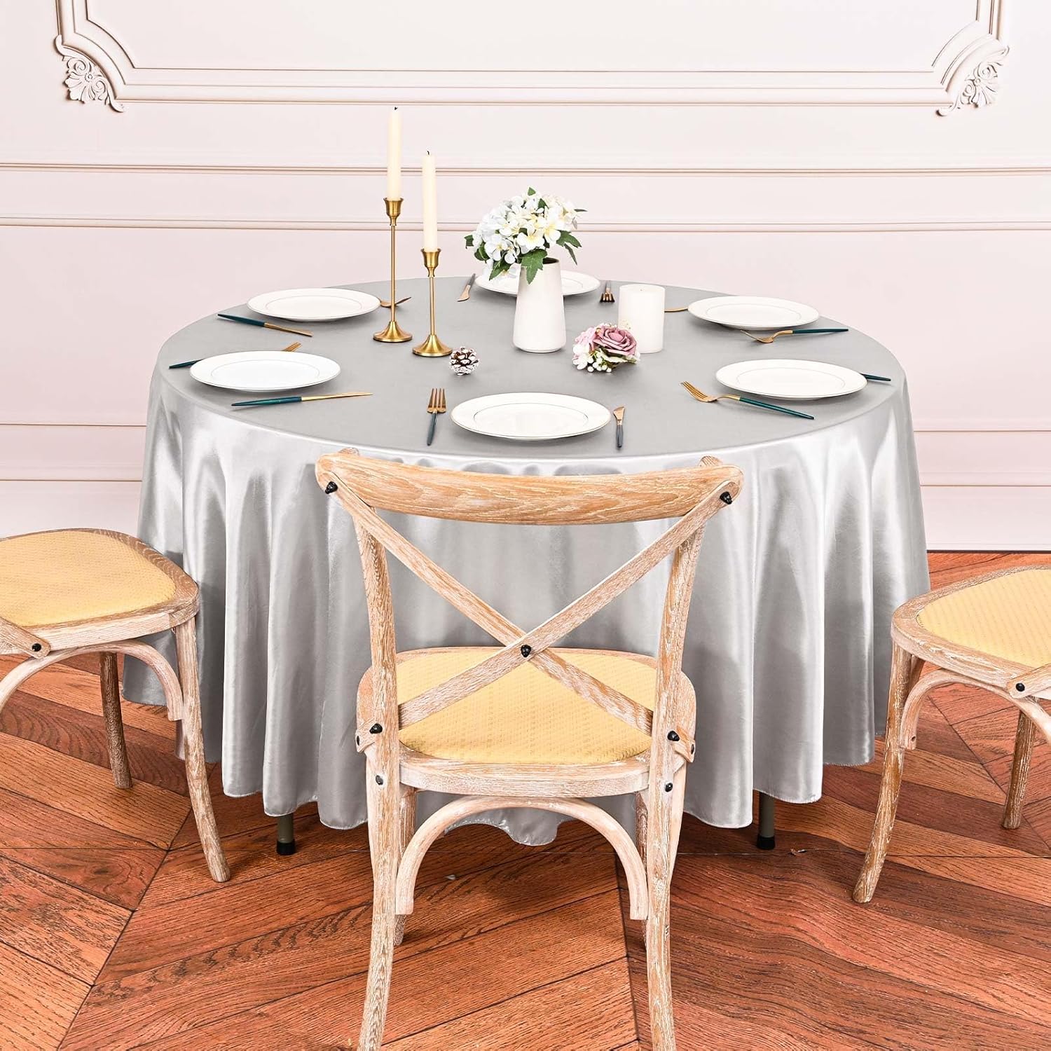 8 Pack Silver Table Cloth 90 Inch Round Silky Satin Tablecloth,Bright Silk Smooth Washable Fabric Table Cloth, Overlay Silky Table Cover for Wedding Party Banquet Event Dining Decoration