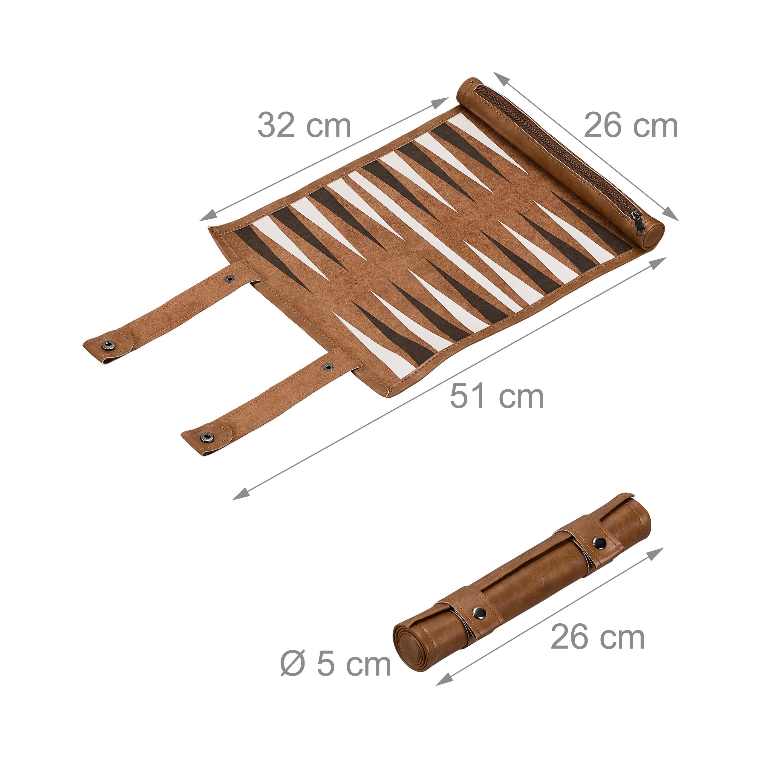 Relaxdays Backgammon da Viaggio, Campo da Gioco LxP: 32 x 26 cm, Arrotolabile, con Pedine e Dadi, Aspetto Pelle, Marrone