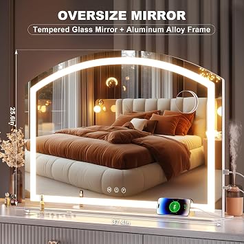 Hasipu 38 x26 Arch Vanity Mirror with LED Lights - Makeup Mirror with 10X Magnification, USB Charging Port & 3 Dimmable Color Modes