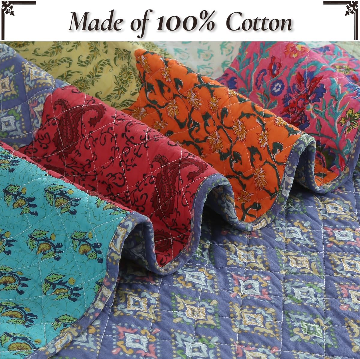 Cozy Line Home Fashions Bright Bold Multi Color Boho Floral Patchwork 3 Piece Cotton King Quilt Bedding Set
