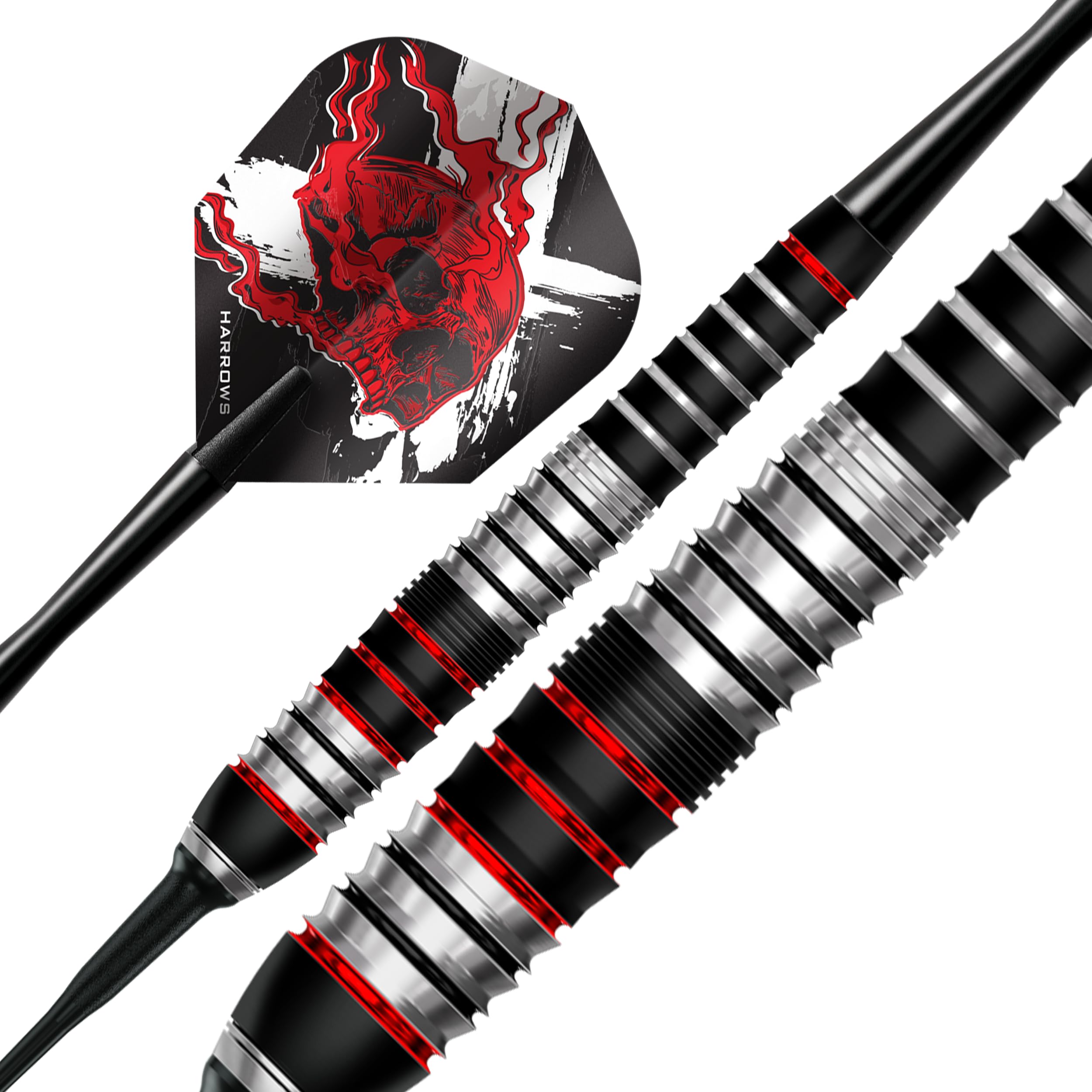 Harrows Ryan Searle Heavy Metal - Juego de dardos de punta blanda de acero inoxidable en 18 g o 20 g – Incluye cañas Speedline, plumas de 100 micras y caja de dardos, dardos de punta blanda resistente