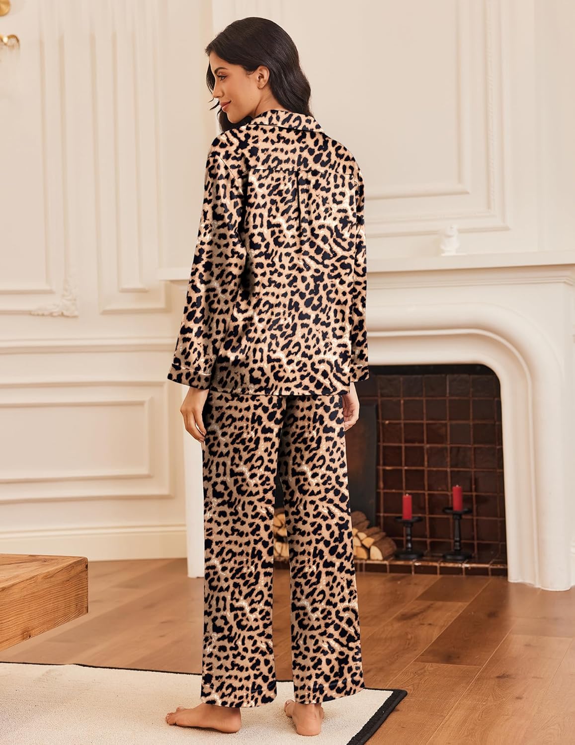 Ekouaer Silk Satin Pajamas for Women Button Down Pjs Set Long Sleeve Loungewear 2 Piece Wide Leg Sleepwear - Image 5